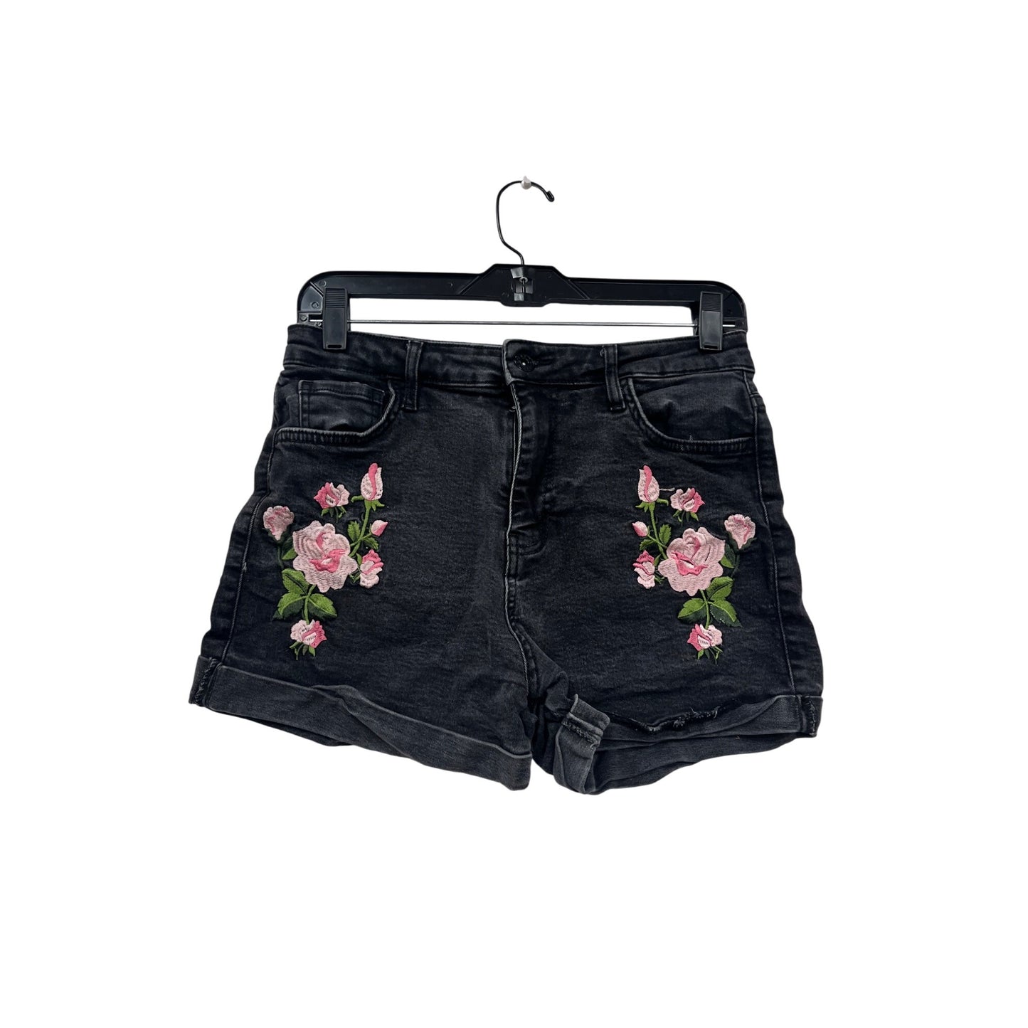 Guess Womens Black Denim Shorts With Pink Floral Embroidery Size 28 #6765