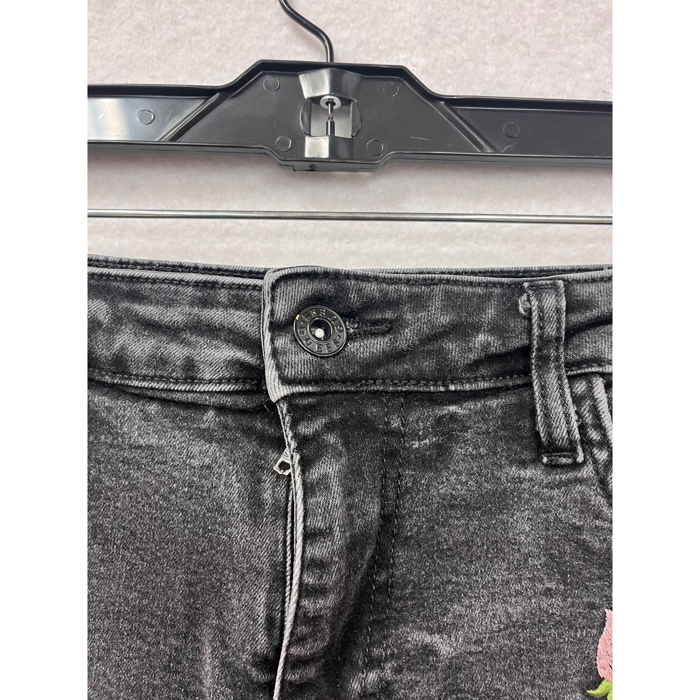 Guess Womens Black Denim Shorts With Pink Floral Embroidery Size 28 #6765