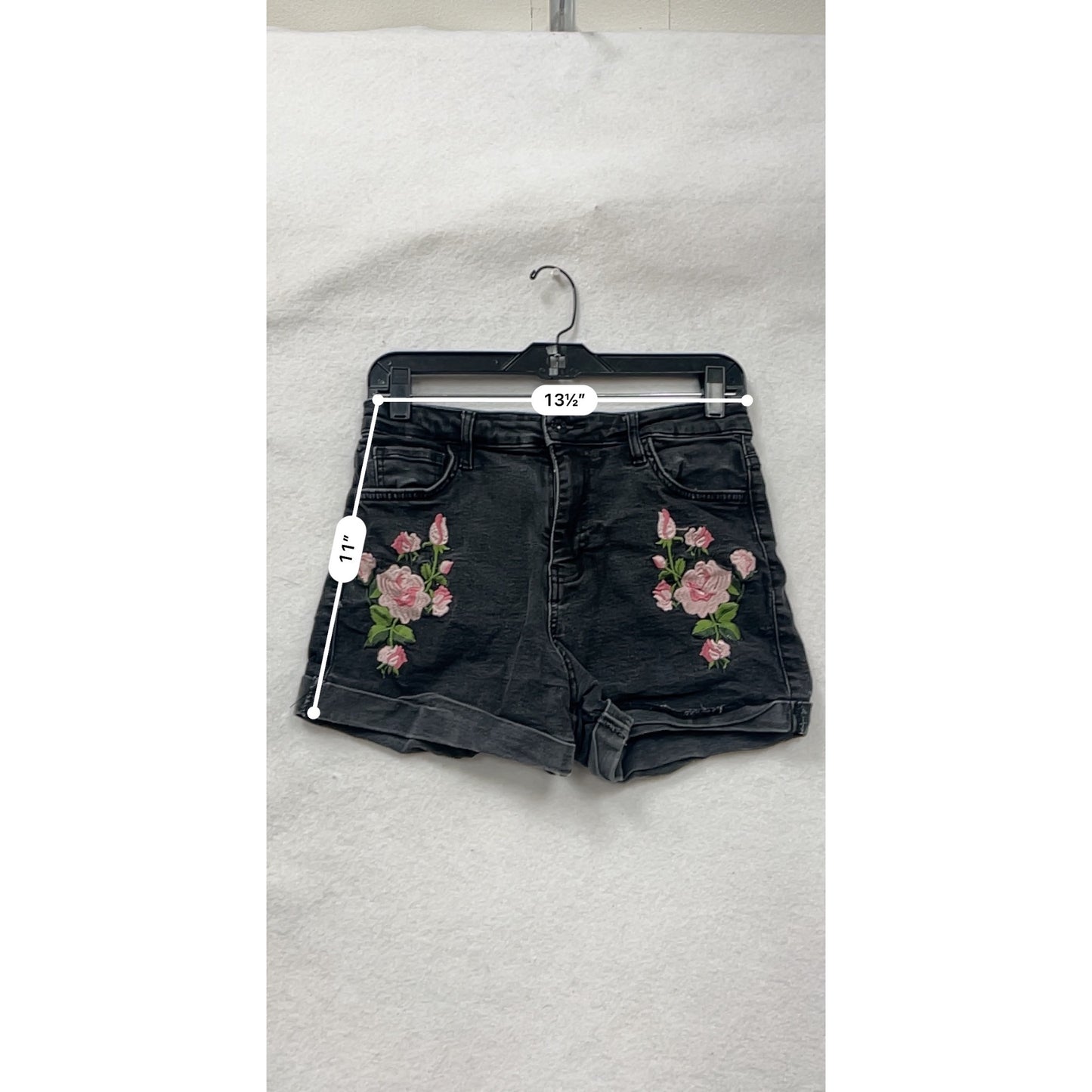 Guess Womens Black Denim Shorts With Pink Floral Embroidery Size 28 #6765