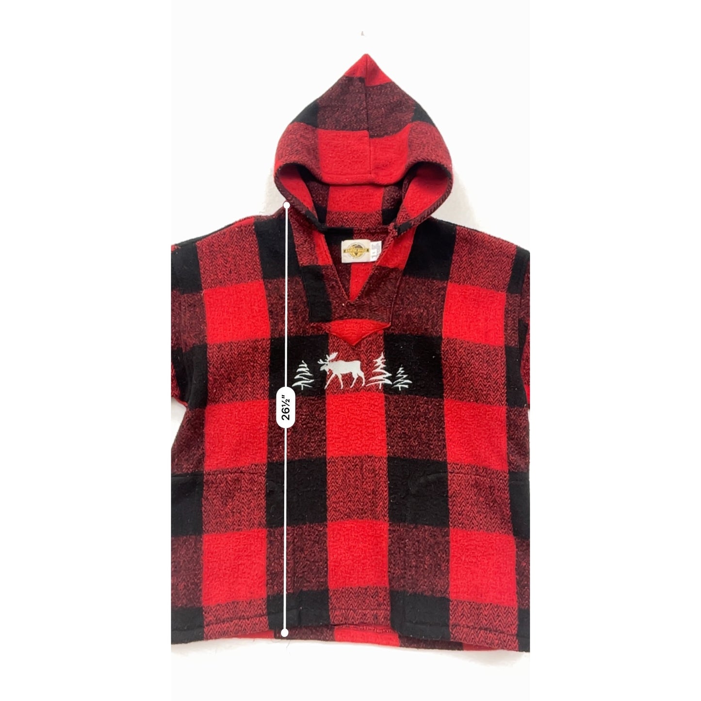 Vintage Womens Red & Black Earth Ragz Hooded Pullover Poncho Sweater With Moose & Trees Embroidery #6613