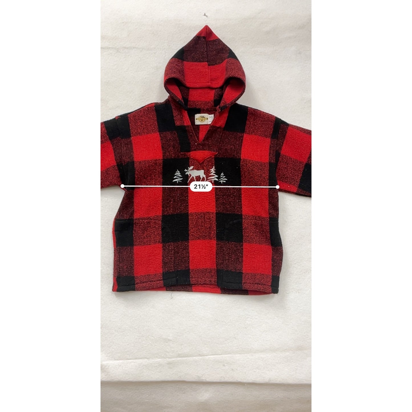 Vintage Womens Red & Black Earth Ragz Hooded Pullover Poncho Sweater With Moose & Trees Embroidery #6613