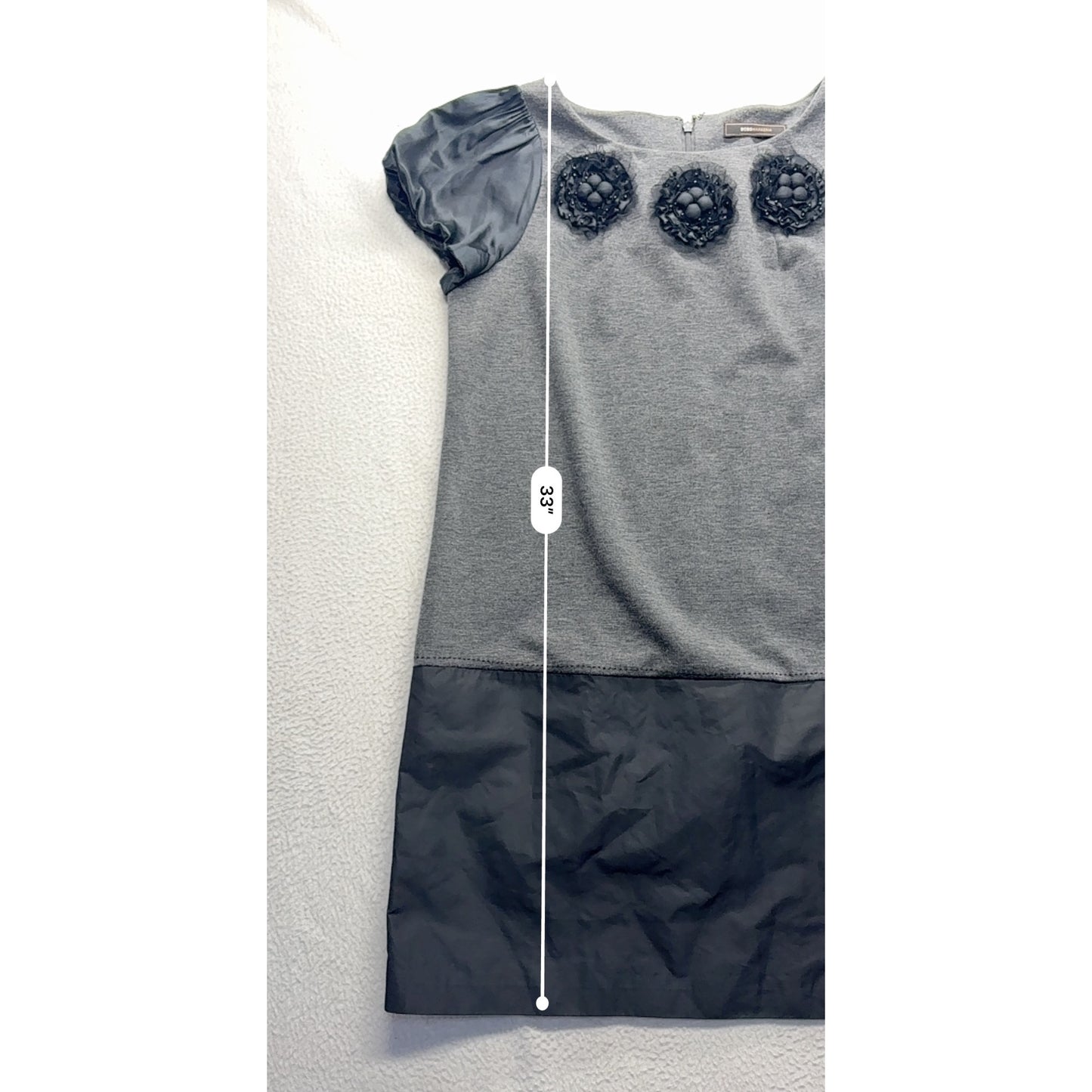 BCBG Max Azria Gray & Black Dress With Satin Sleeves Silk Blend #7708