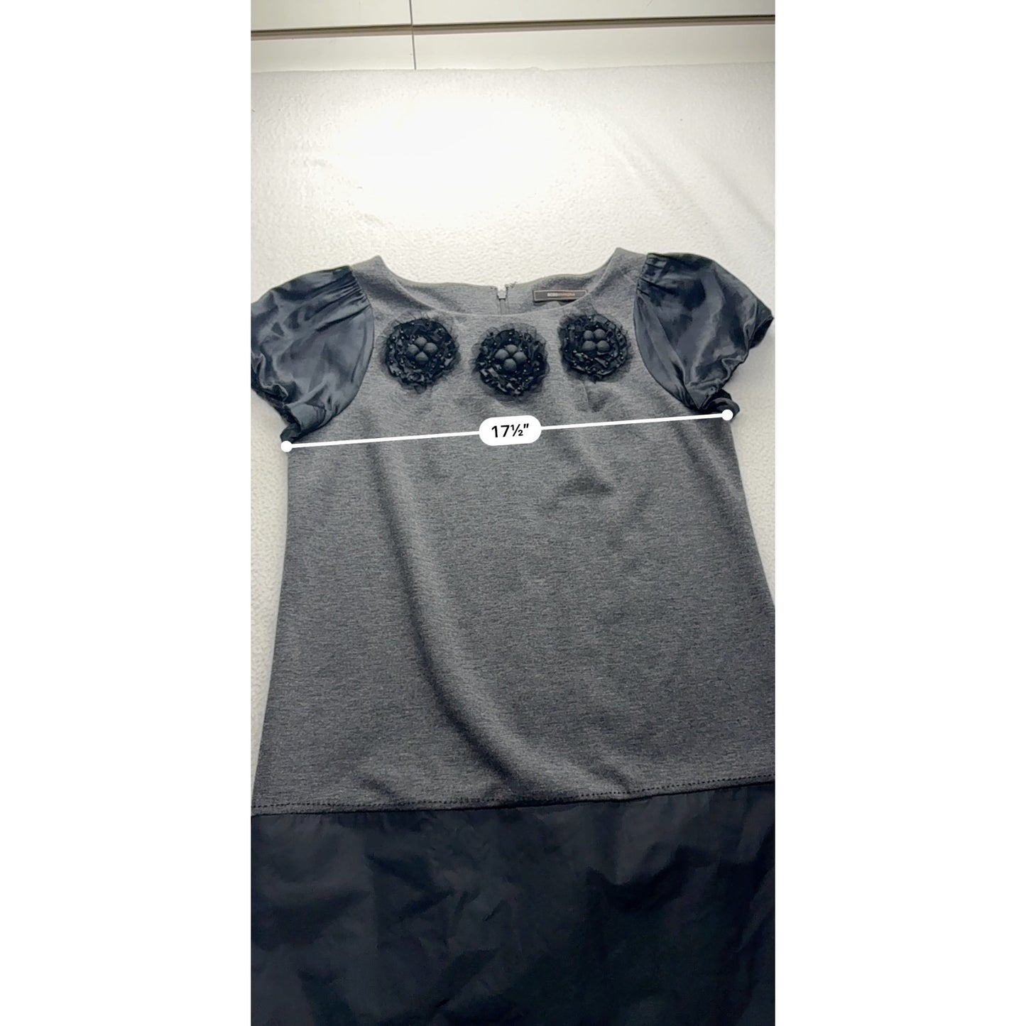 BCBG Max Azria Gray & Black Dress With Satin Sleeves Silk Blend #7708