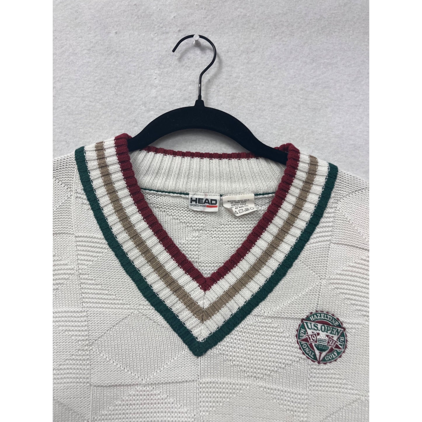 Vintage Wool Head Sportswear Mens XL White V-Neck Sweater W/ US Open Embroidered Patch #6959