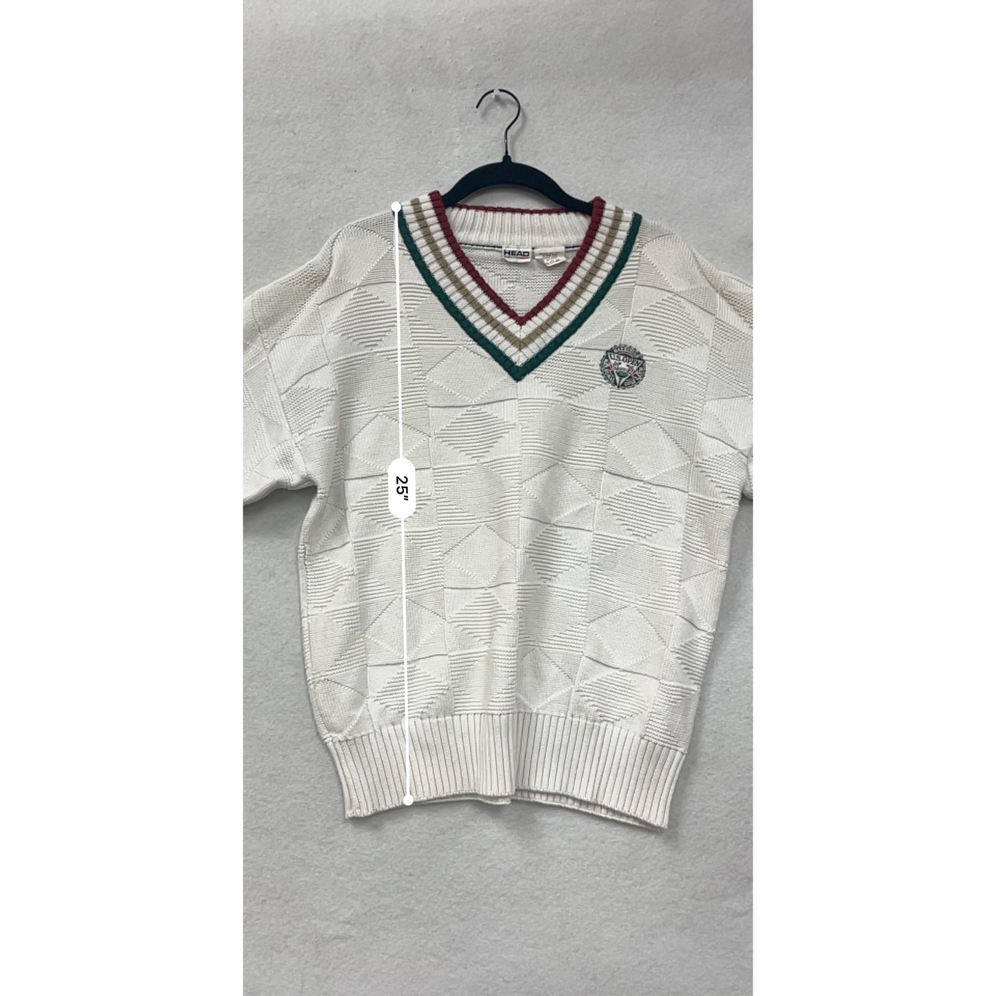 Vintage Wool Head Sportswear Mens XL White V-Neck Sweater W/ US Open Embroidered Patch #6959