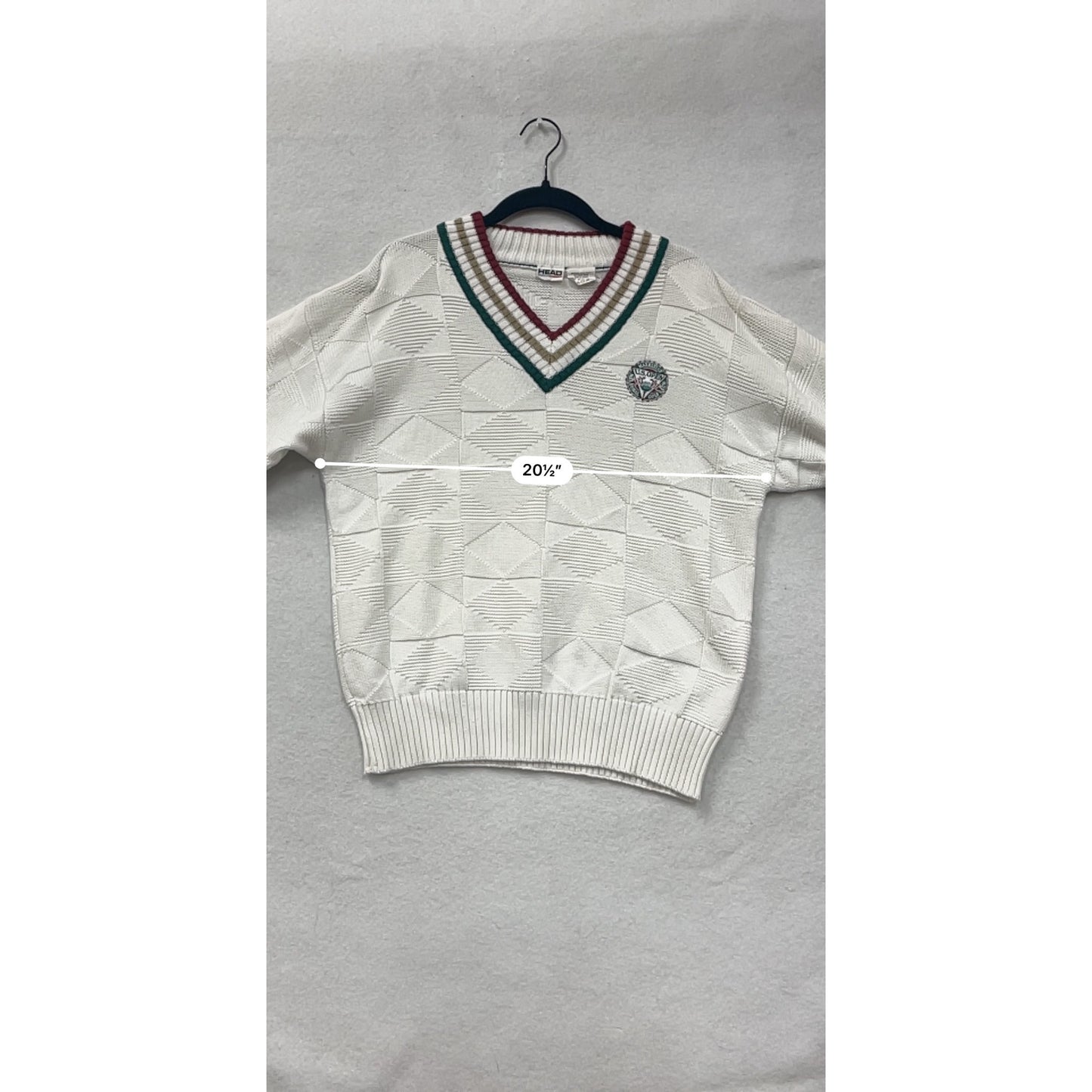 Vintage Wool Head Sportswear Mens XL White V-Neck Sweater W/ US Open Embroidered Patch #6959