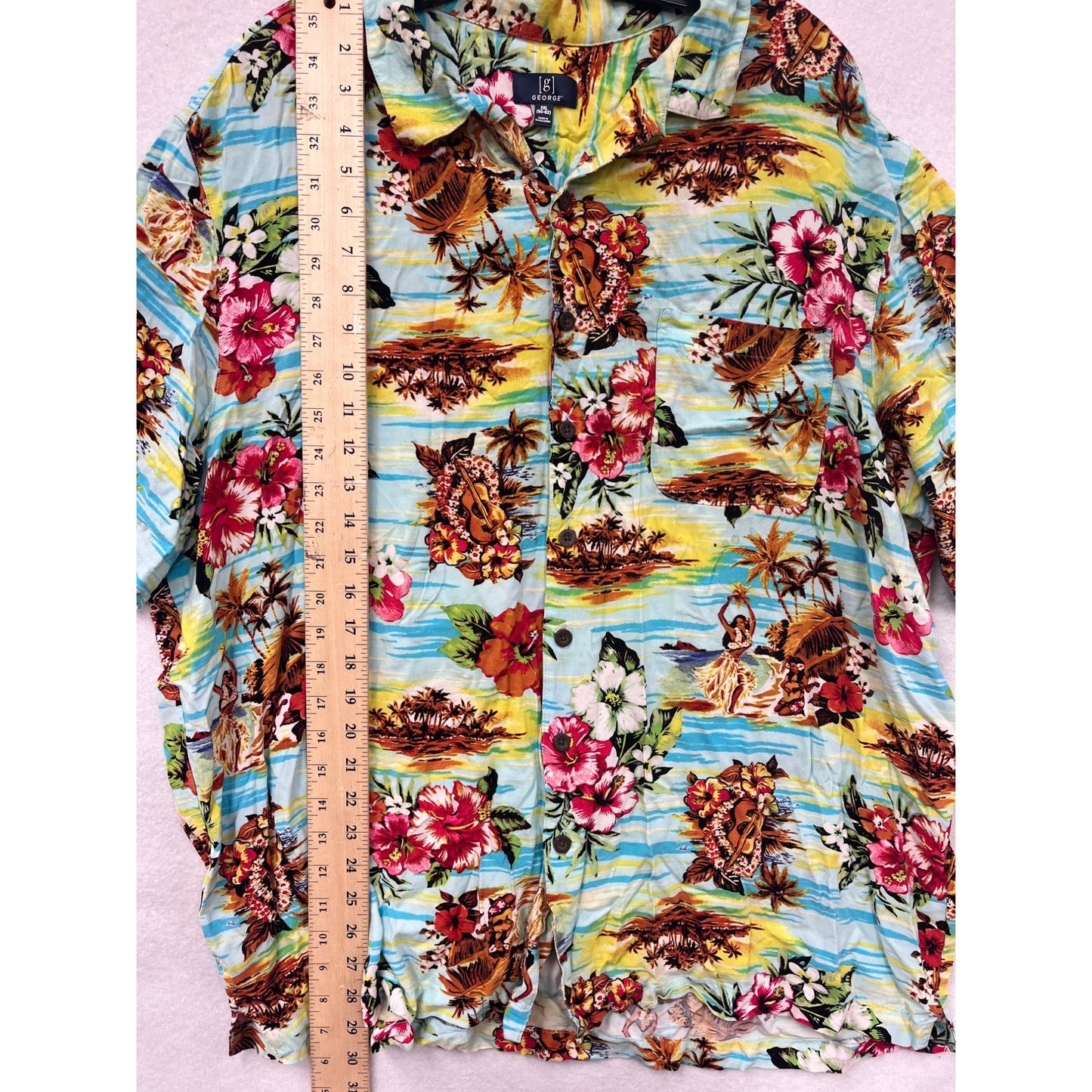 George Mens 2XL Hawaiian Button-Up Shirt Tropical Paradise Print 100% Rayon Short Sleeve #6524