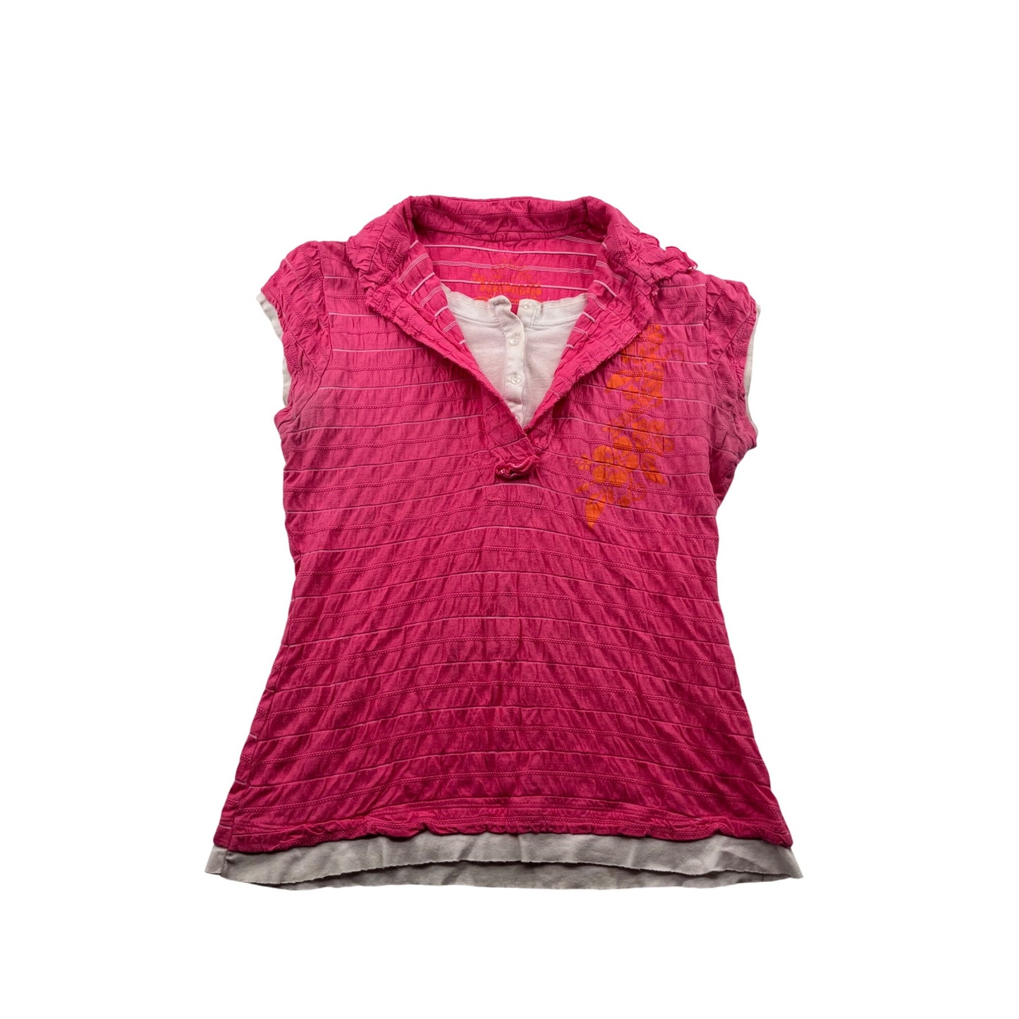 Women’s No Boundaries Y2K Large Pink & Orange Floral Print Cap Sleeve Top #6217