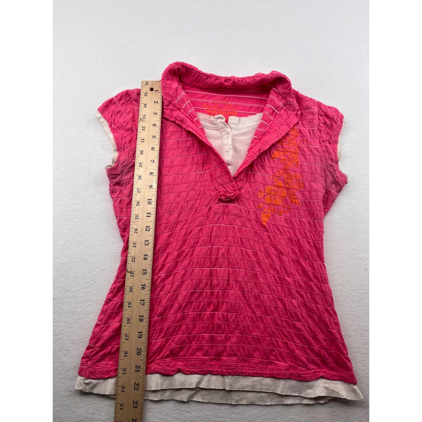 Women’s No Boundaries Y2K Large Pink & Orange Floral Print Cap Sleeve Top #6217