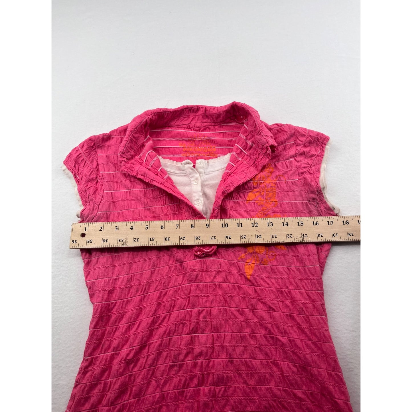 Women’s No Boundaries Y2K Large Pink & Orange Floral Print Cap Sleeve Top #6217