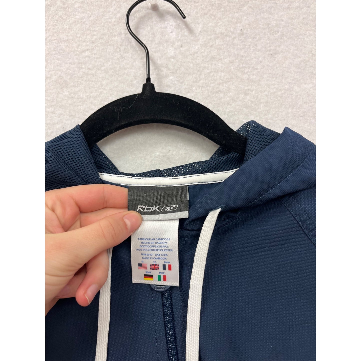 Mens Medium RBK Navy Hooded Windbreaker Jacket #8077