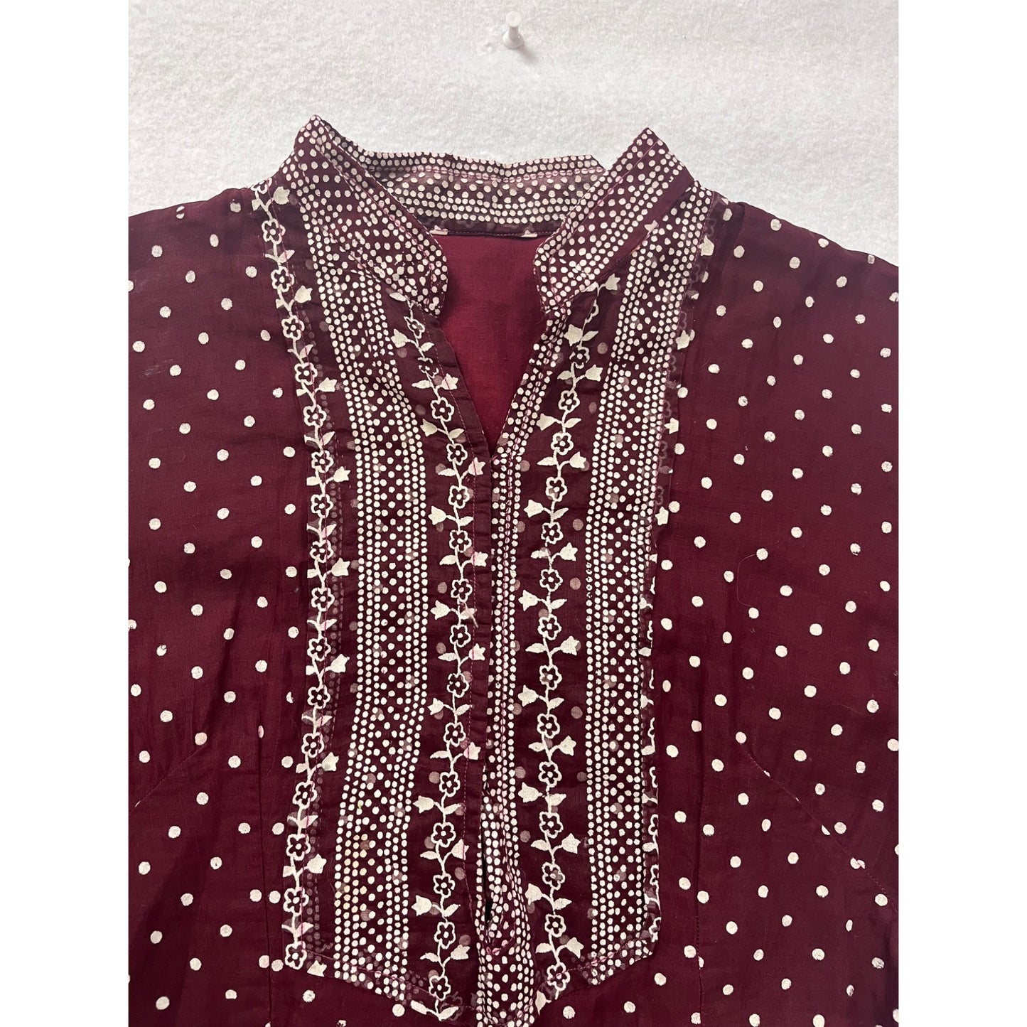 Maroon Polka Dot & Floral Print Long Sleeve Womens Small Tunic Dress #6685