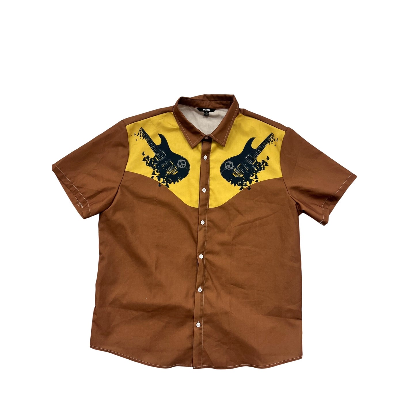 Mens XL Brown & Yellow Graphic Short Sleeve Button-Up Shirt By Ouku #6535