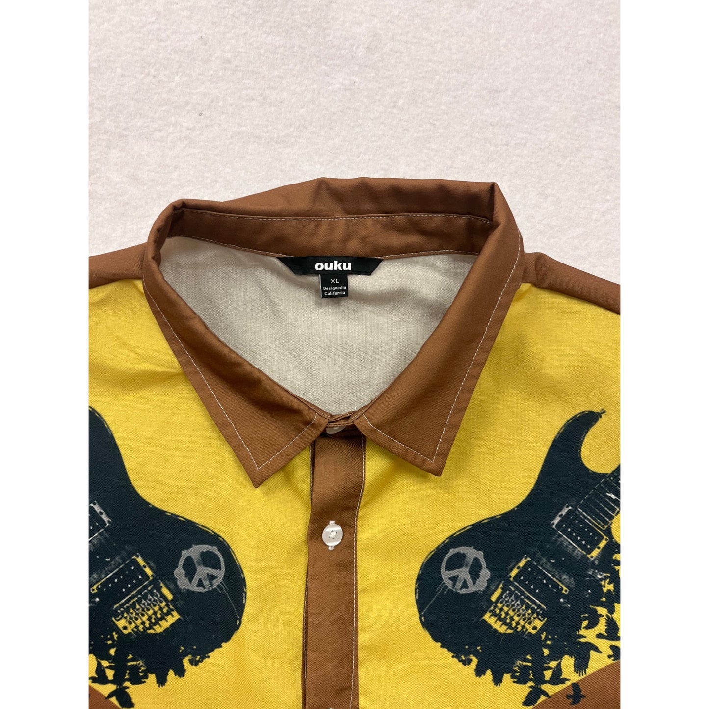Mens XL Brown & Yellow Graphic Short Sleeve Button-Up Shirt By Ouku #6535