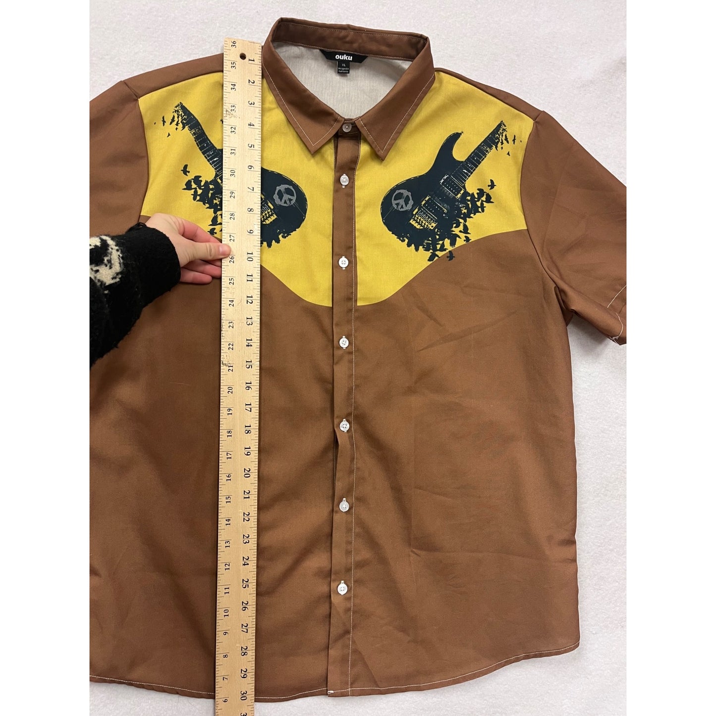 Mens XL Brown & Yellow Graphic Short Sleeve Button-Up Shirt By Ouku #6535