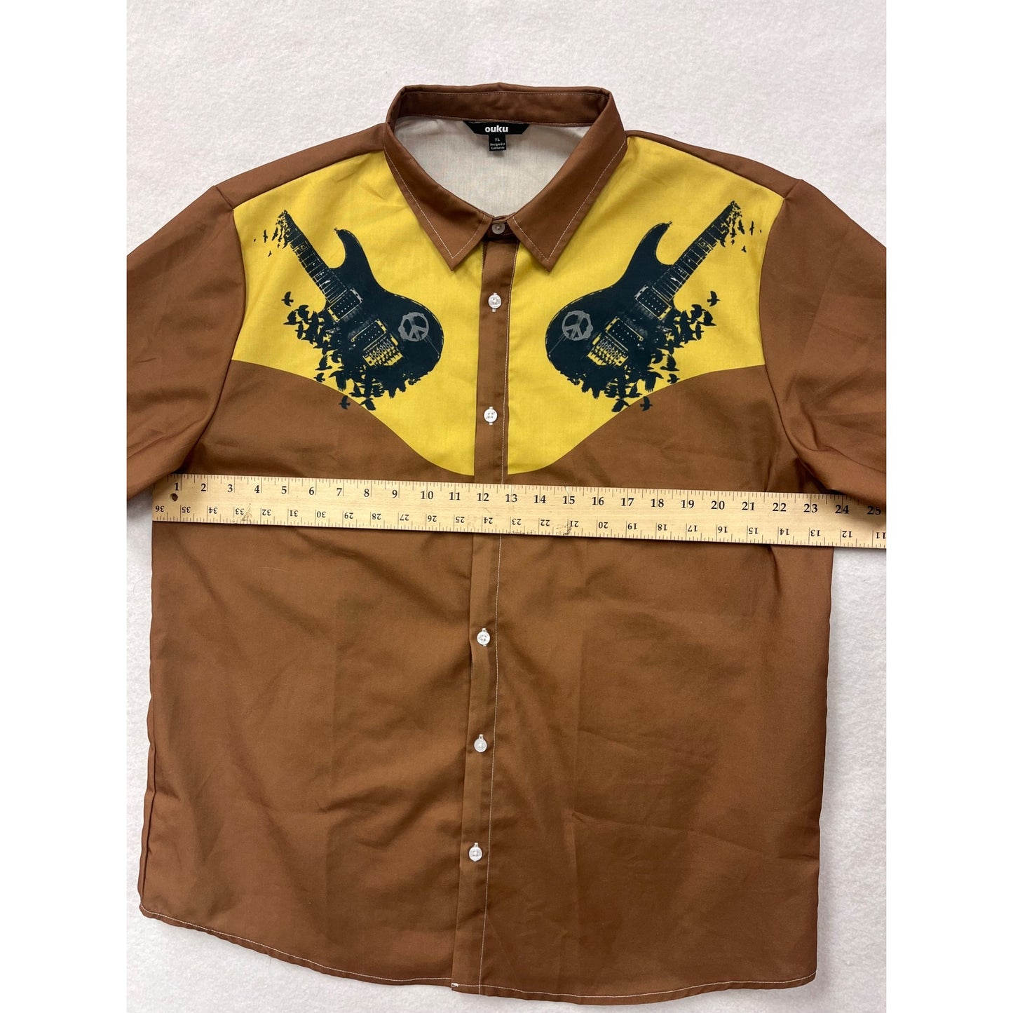 Mens XL Brown & Yellow Graphic Short Sleeve Button-Up Shirt By Ouku #6535