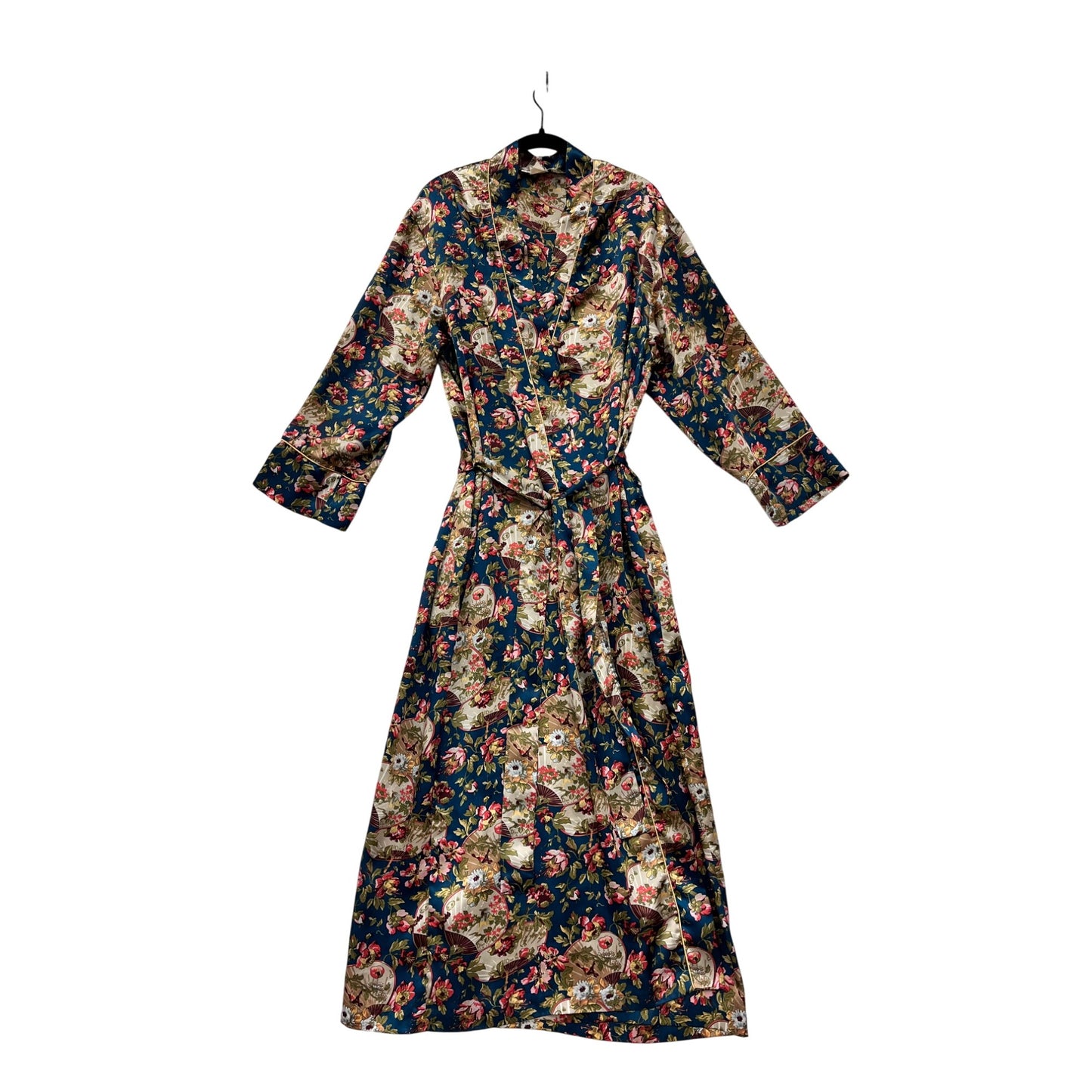 Rare Vintage Christian Dior Floral Satin Long Robe With Tie Belt & Piping Details #8020