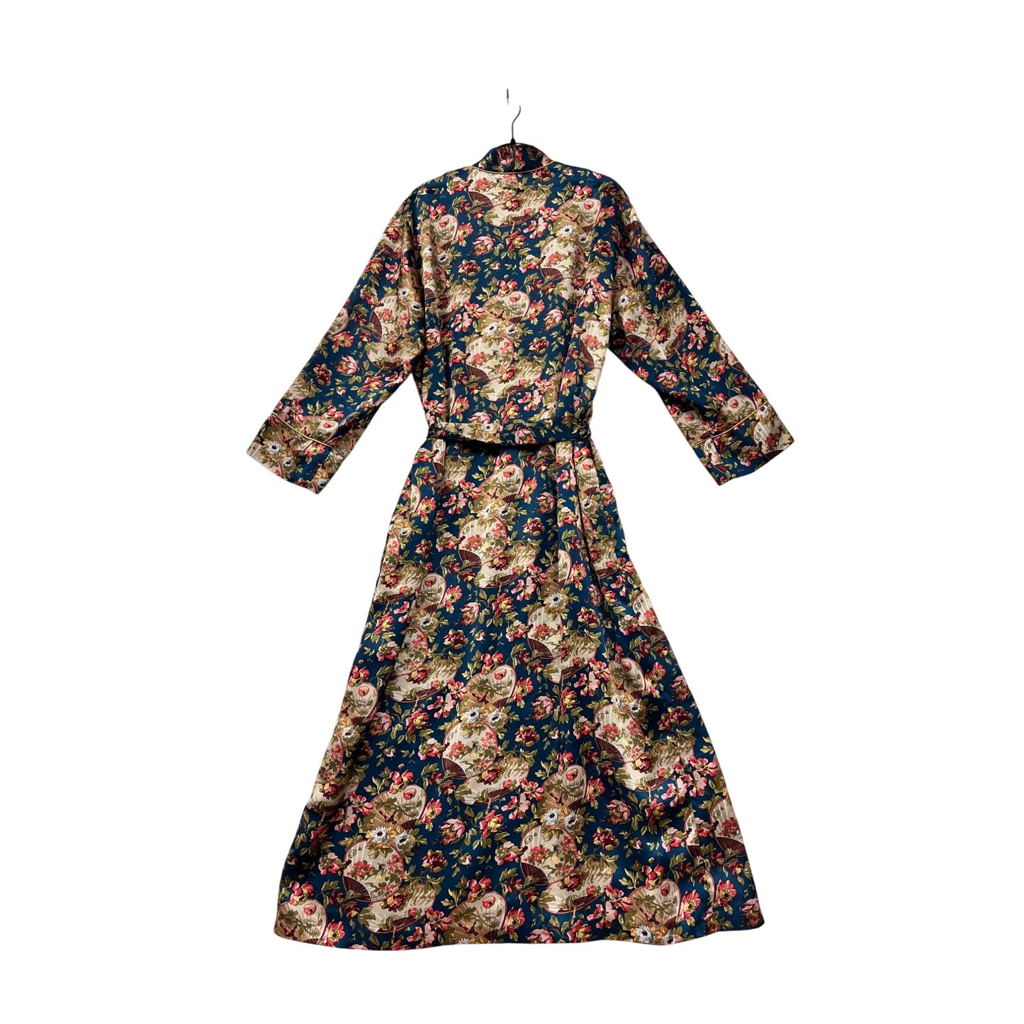 Rare Vintage Christian Dior Floral Satin Long Robe With Tie Belt & Piping Details #8020