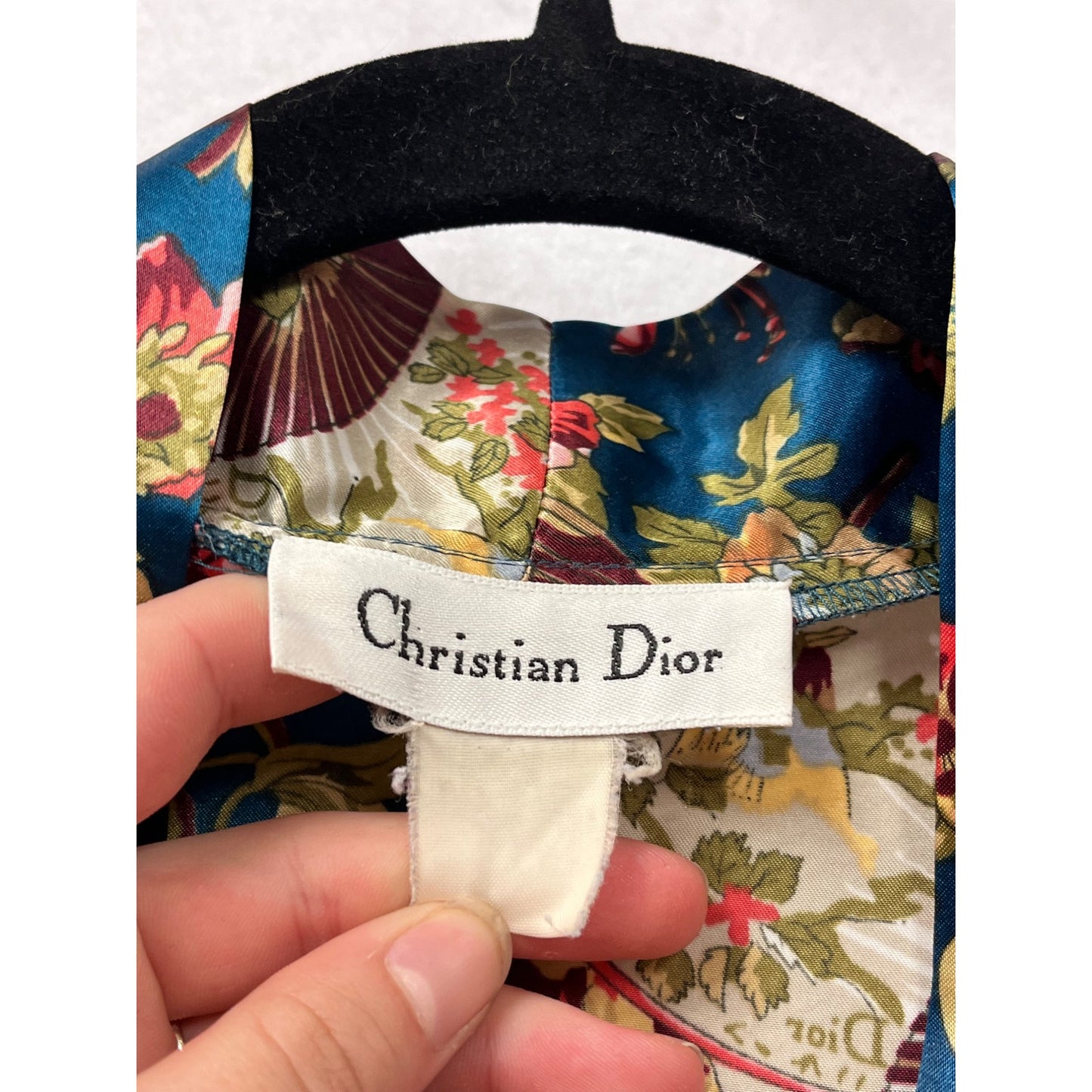 Rare Vintage Christian Dior Floral Satin Long Robe With Tie Belt & Piping Details #8020
