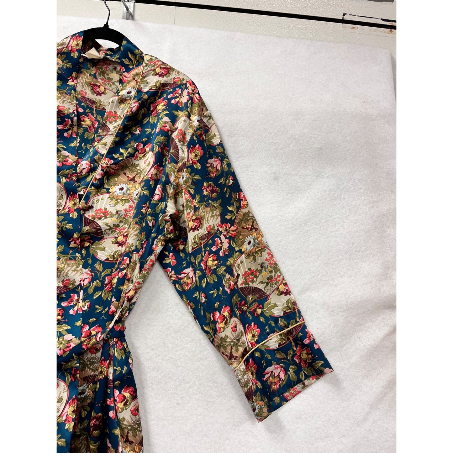 Rare Vintage Christian Dior Floral Satin Long Robe With Tie Belt & Piping Details #8020
