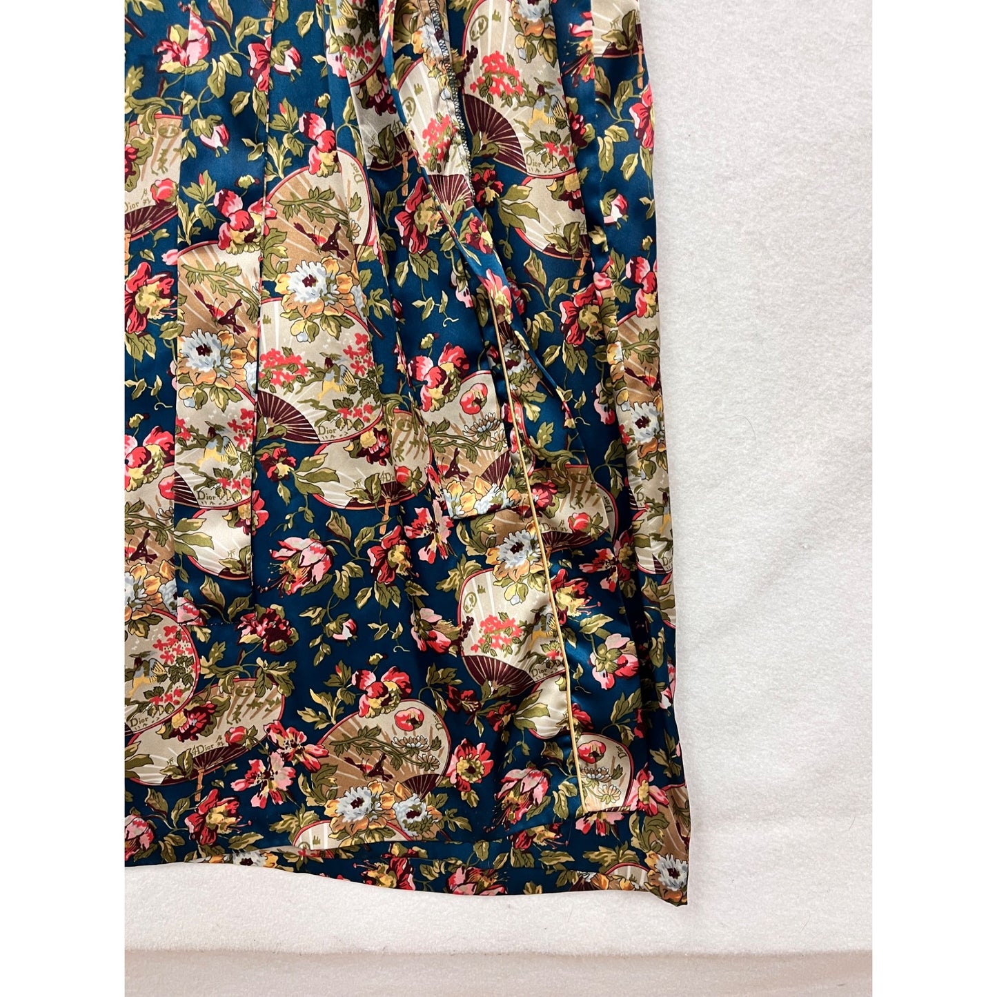 Rare Vintage Christian Dior Floral Satin Long Robe With Tie Belt & Piping Details #8020