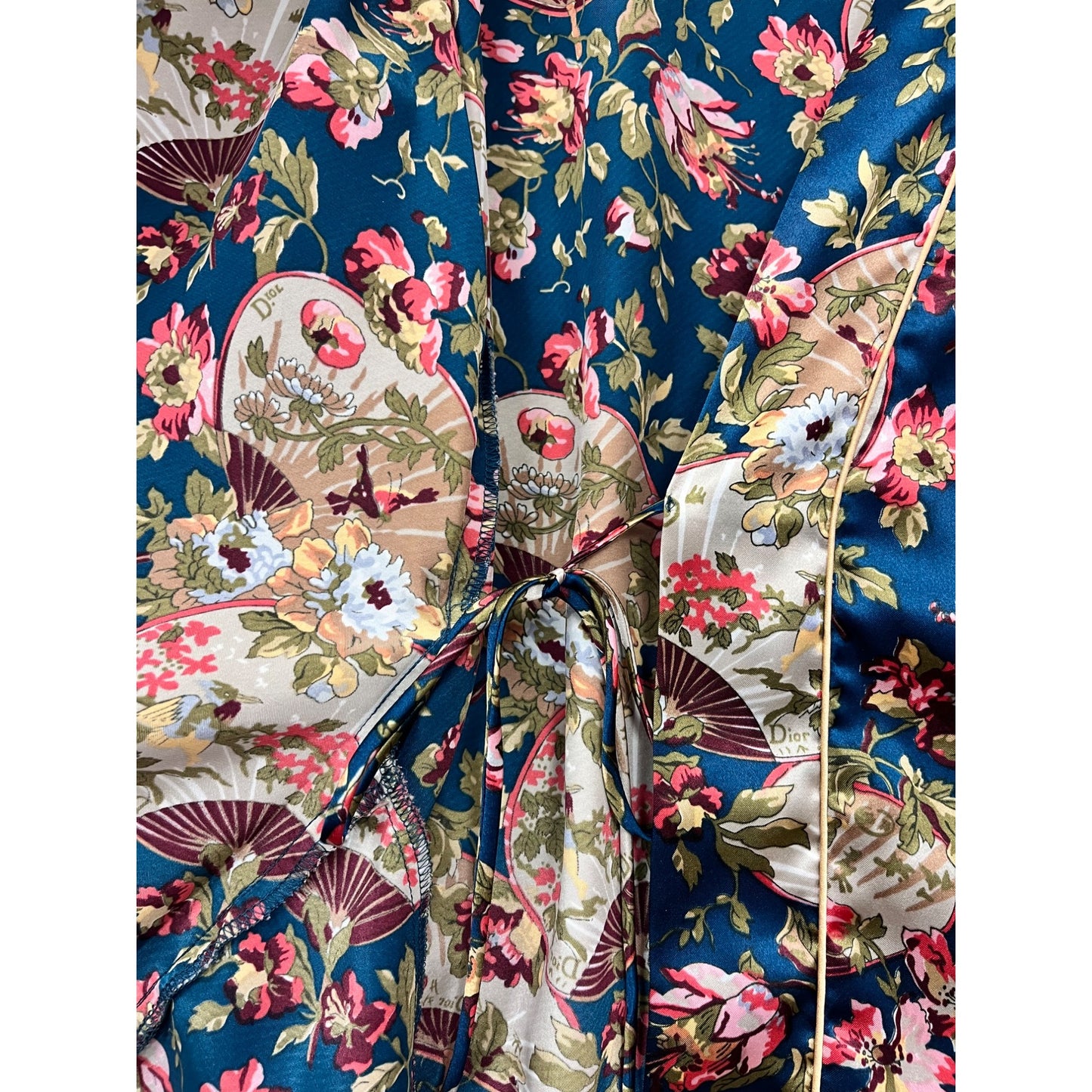 Rare Vintage Christian Dior Floral Satin Long Robe With Tie Belt & Piping Details #8020
