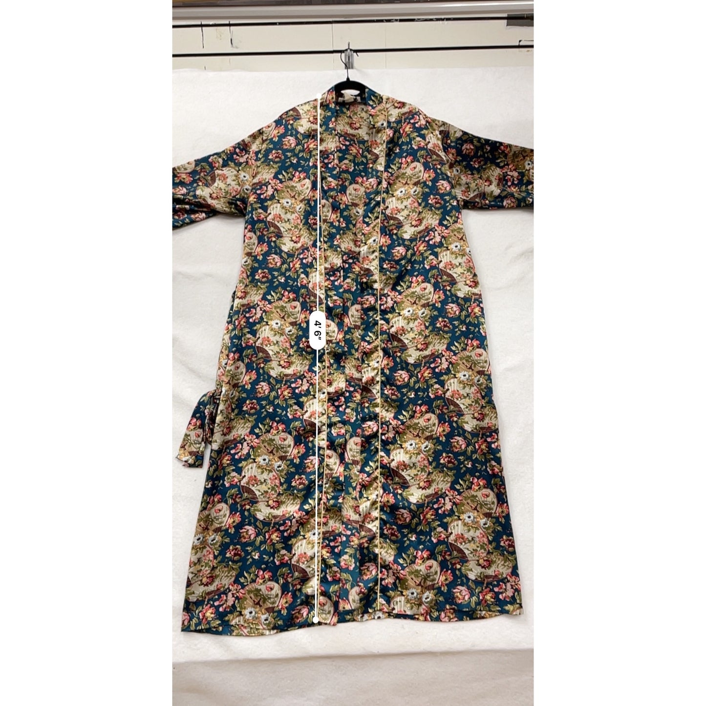 Rare Vintage Christian Dior Floral Satin Long Robe With Tie Belt & Piping Details #8020