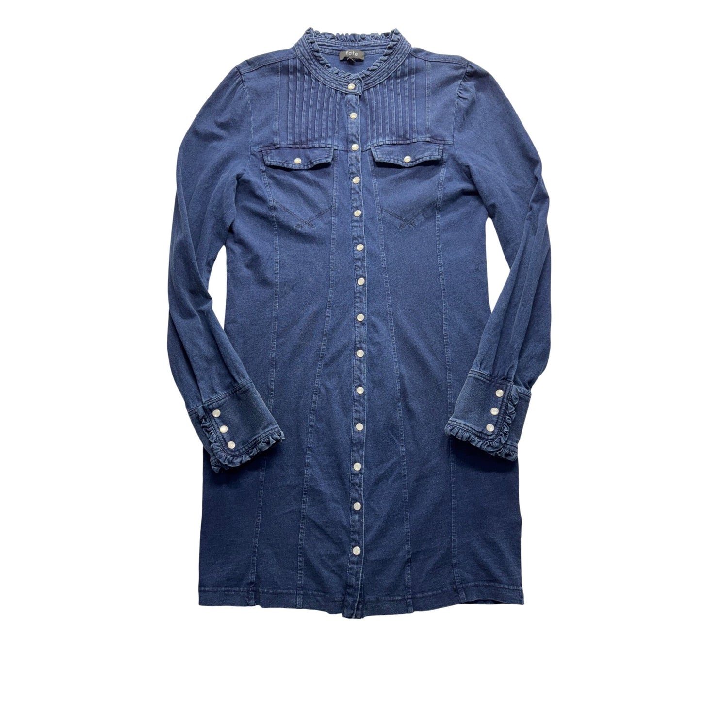 Fate Denim Button-Up Long Sleeve Dress With Ruffled Cuffs & Collar #7788