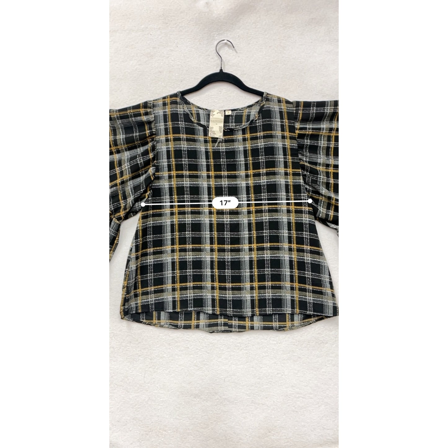 Plaid Bell Sleeve Top Womens M Blu Pepper Black/Yellow Button Back #6916
