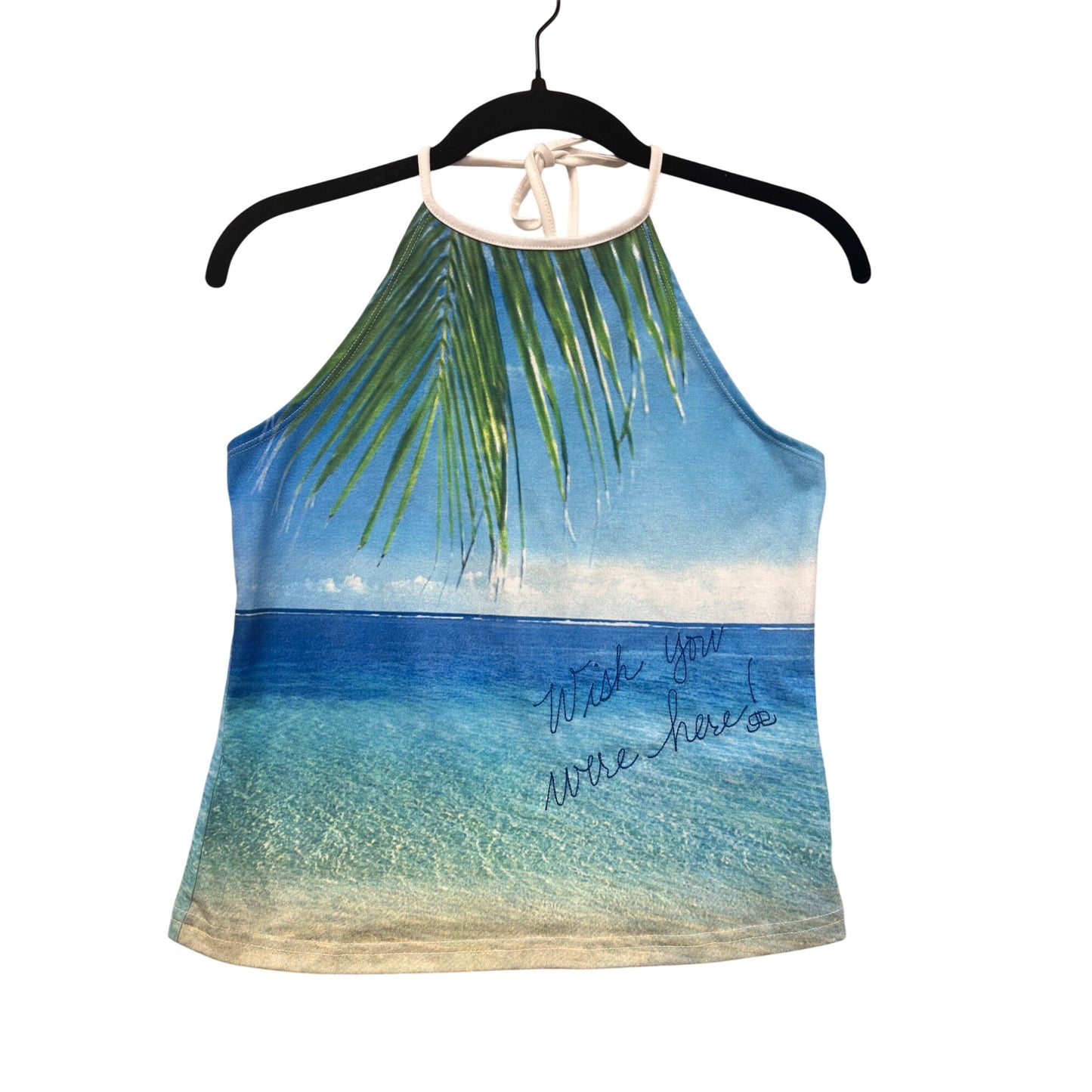 JLO By Jennifer Lopez Womens Halter Tank Top Beach Print "Wish You Were Here" #6566