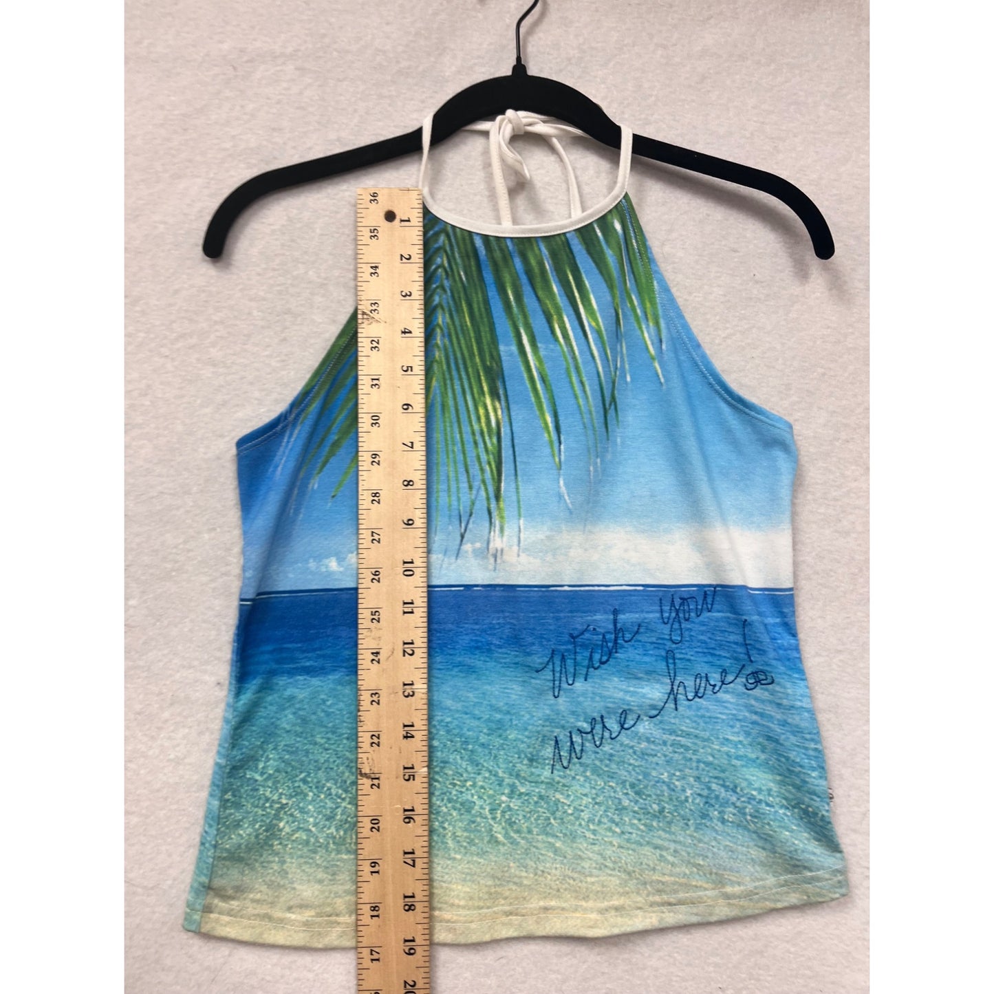 JLO By Jennifer Lopez Womens Halter Tank Top Beach Print "Wish You Were Here" #6566