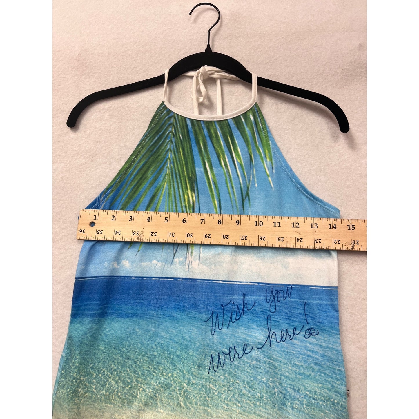 JLO By Jennifer Lopez Womens Halter Tank Top Beach Print "Wish You Were Here" #6566