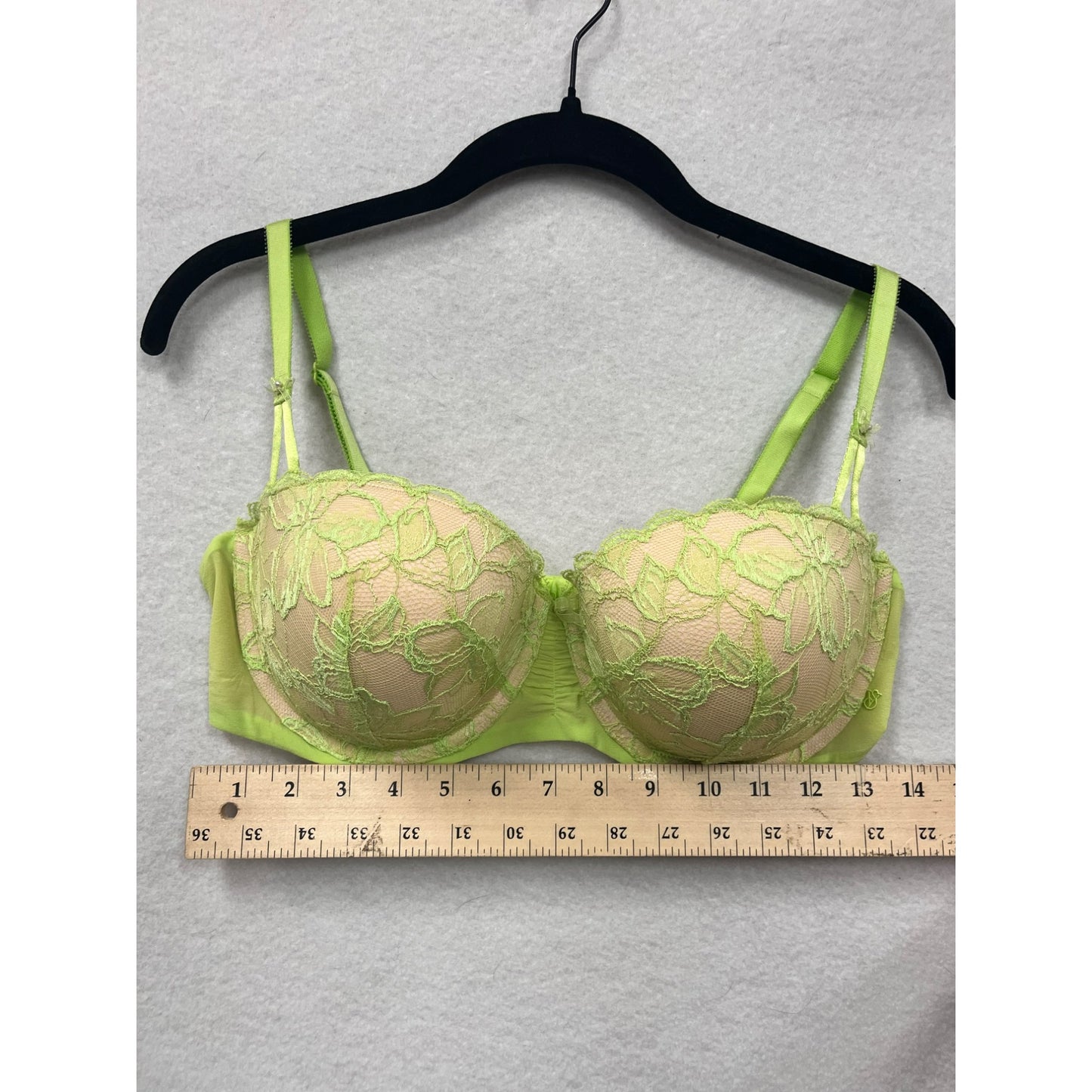 Women’s Victorias Secret Neon Green Lace Overlay Balconette Bra Size 36D #6266