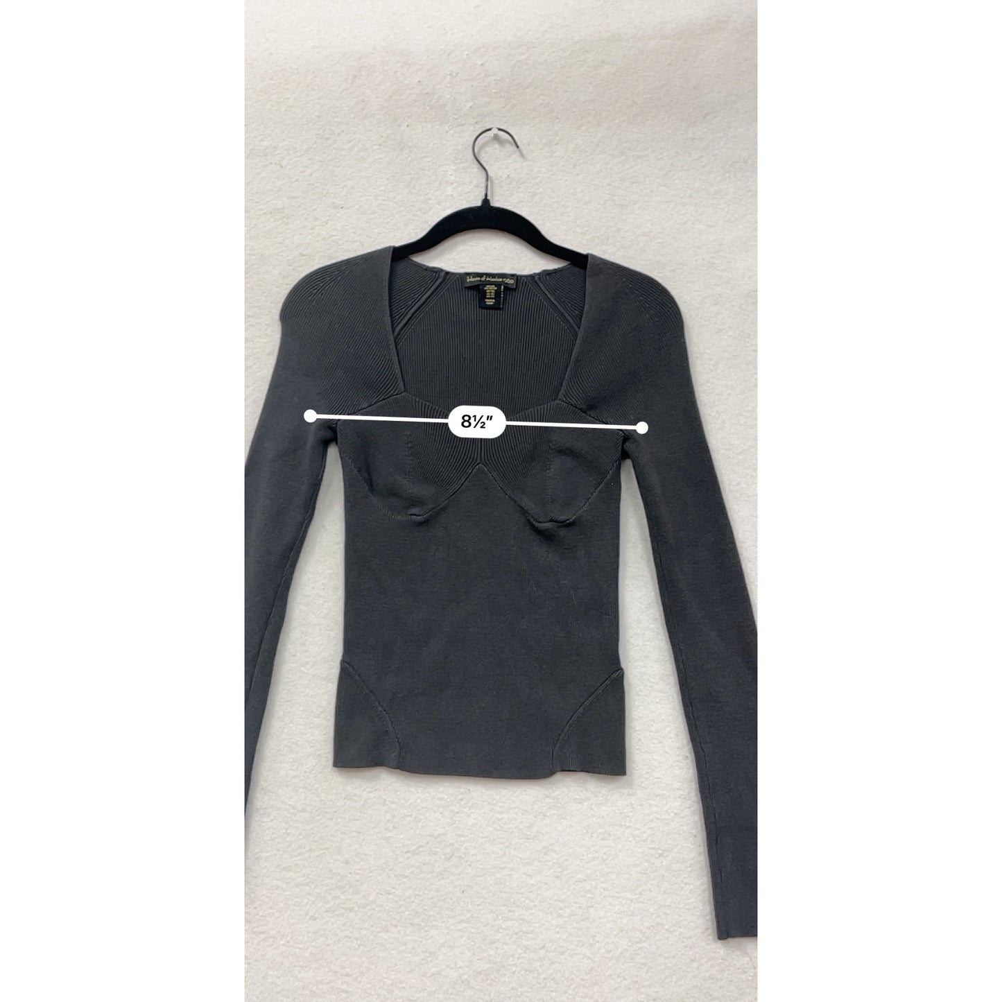 House Of Harlow 1960 Womens XS Black Long-Sleeve Ribbed Knit Fitted Top With Sweetheart Neckline #6963
