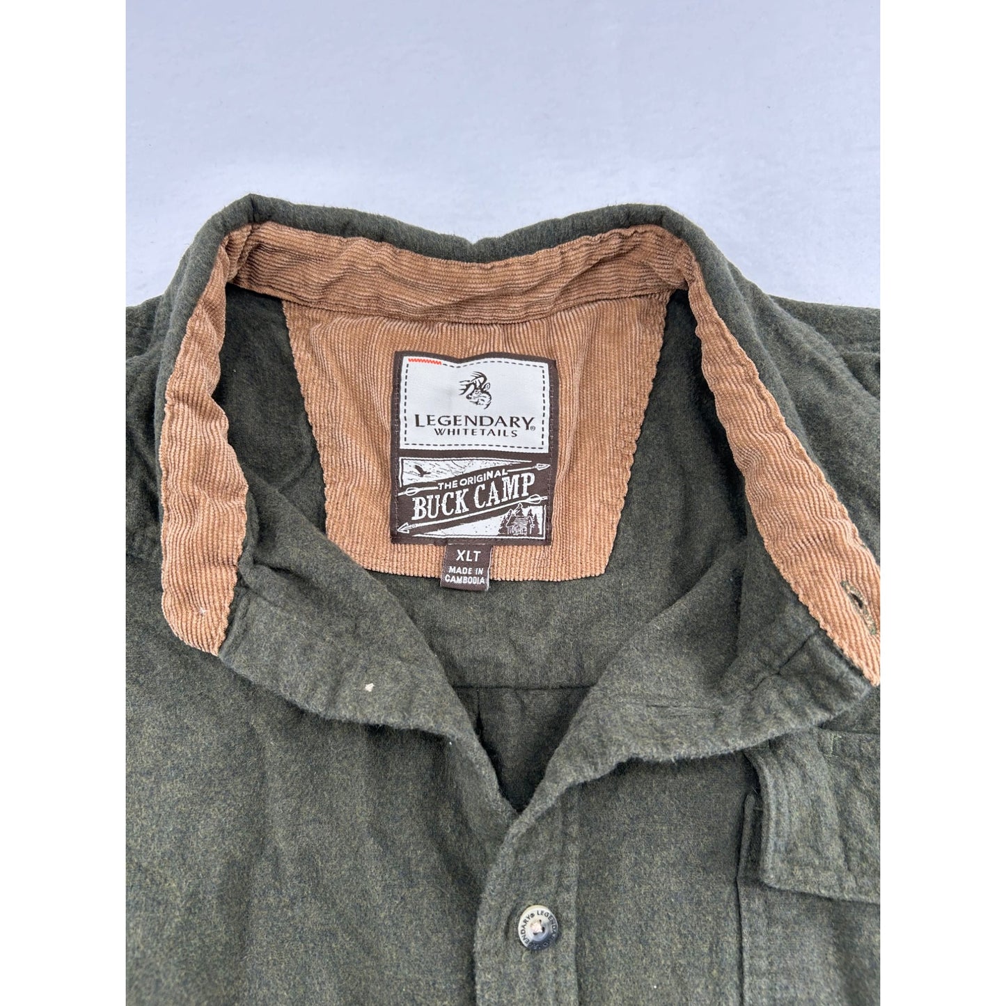 Legendary Whitetails Buck Camp Flannel Olive Green Long Sleeve Corduroy Collar #6655