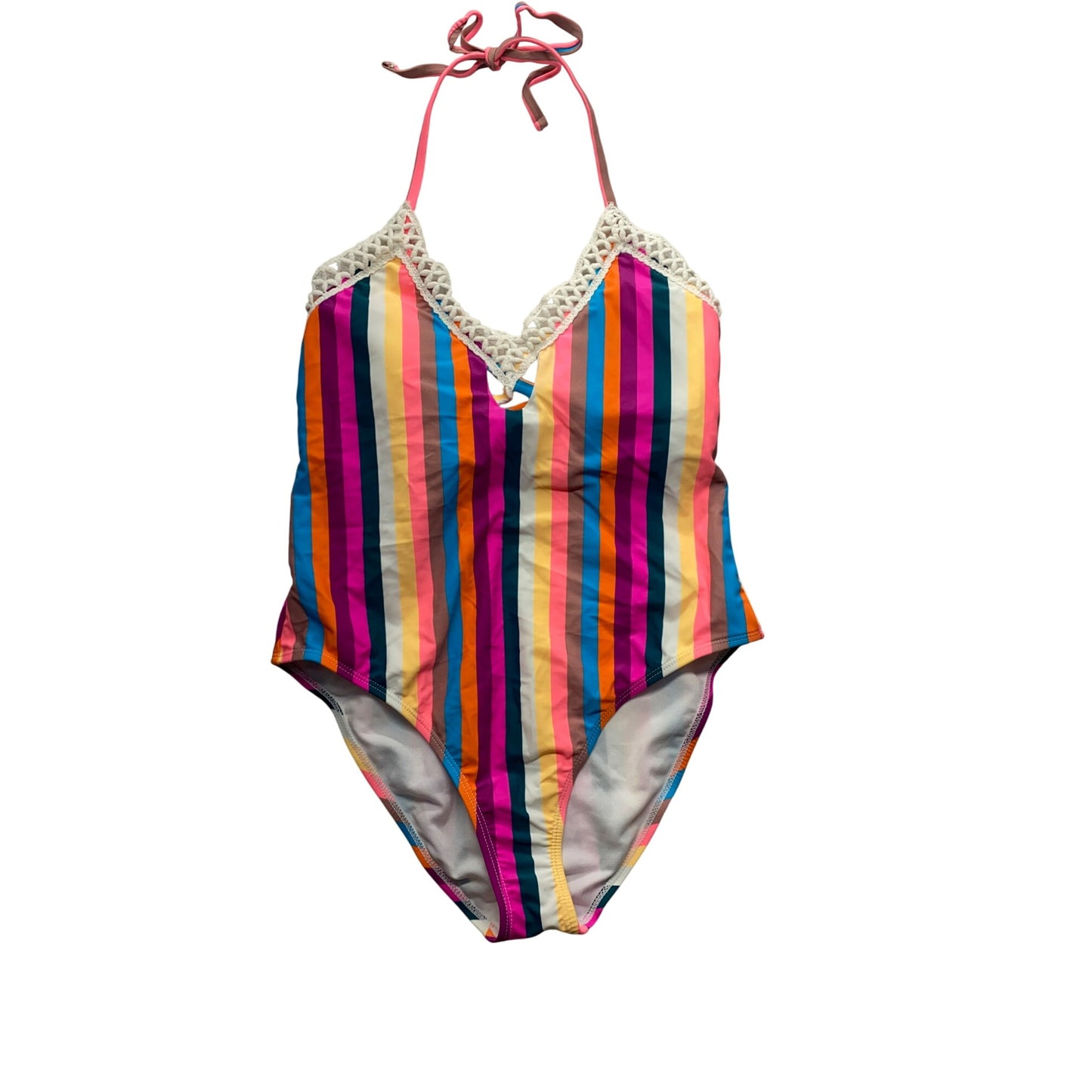 *NWT* Striped Multicolor One-Piece Swimsuit With Crochet Trim #7321