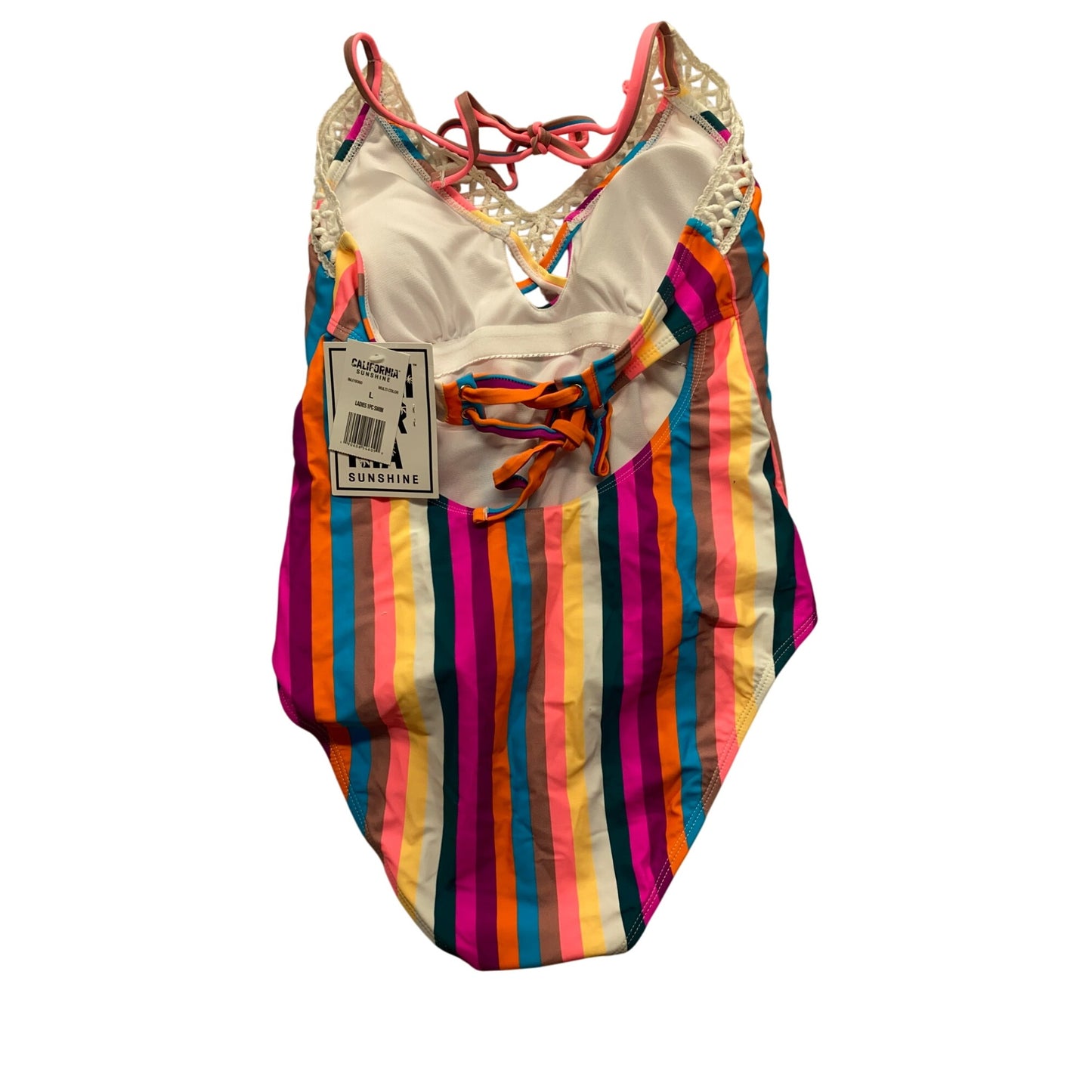 *NWT* Striped Multicolor One-Piece Swimsuit With Crochet Trim #7321