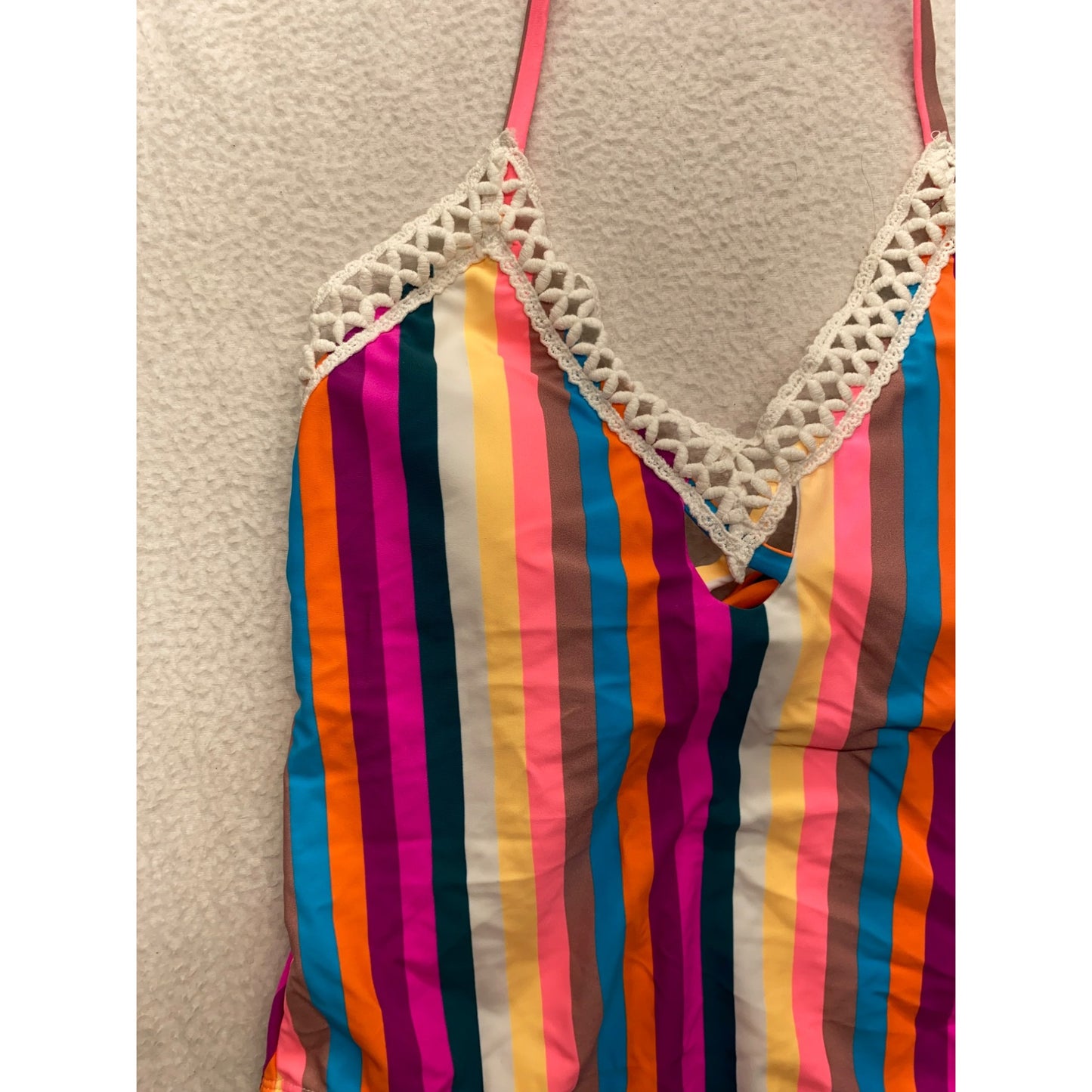 *NWT* Striped Multicolor One-Piece Swimsuit With Crochet Trim #7321