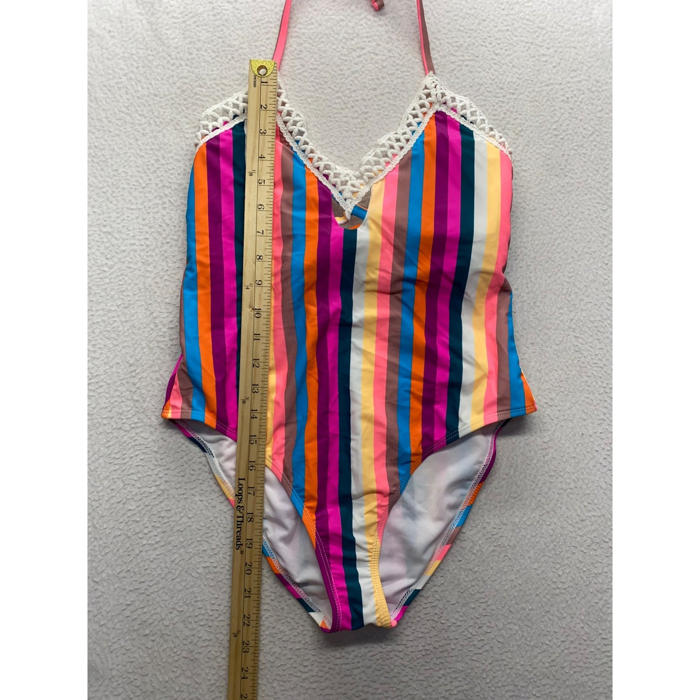 *NWT* Striped Multicolor One-Piece Swimsuit With Crochet Trim #7321