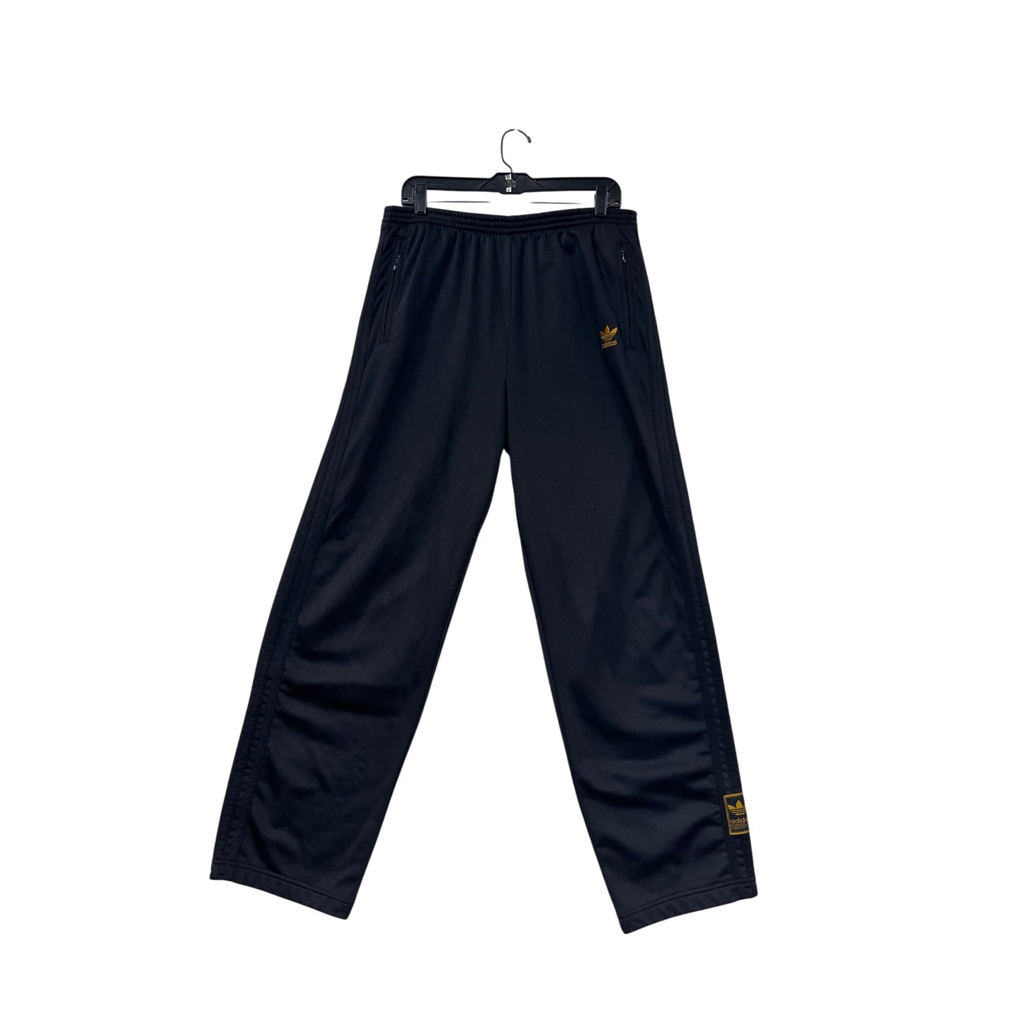 Vintage Adidas Mens Black Snap Button Track Pants With Gold Logo & Side Snaps #6609