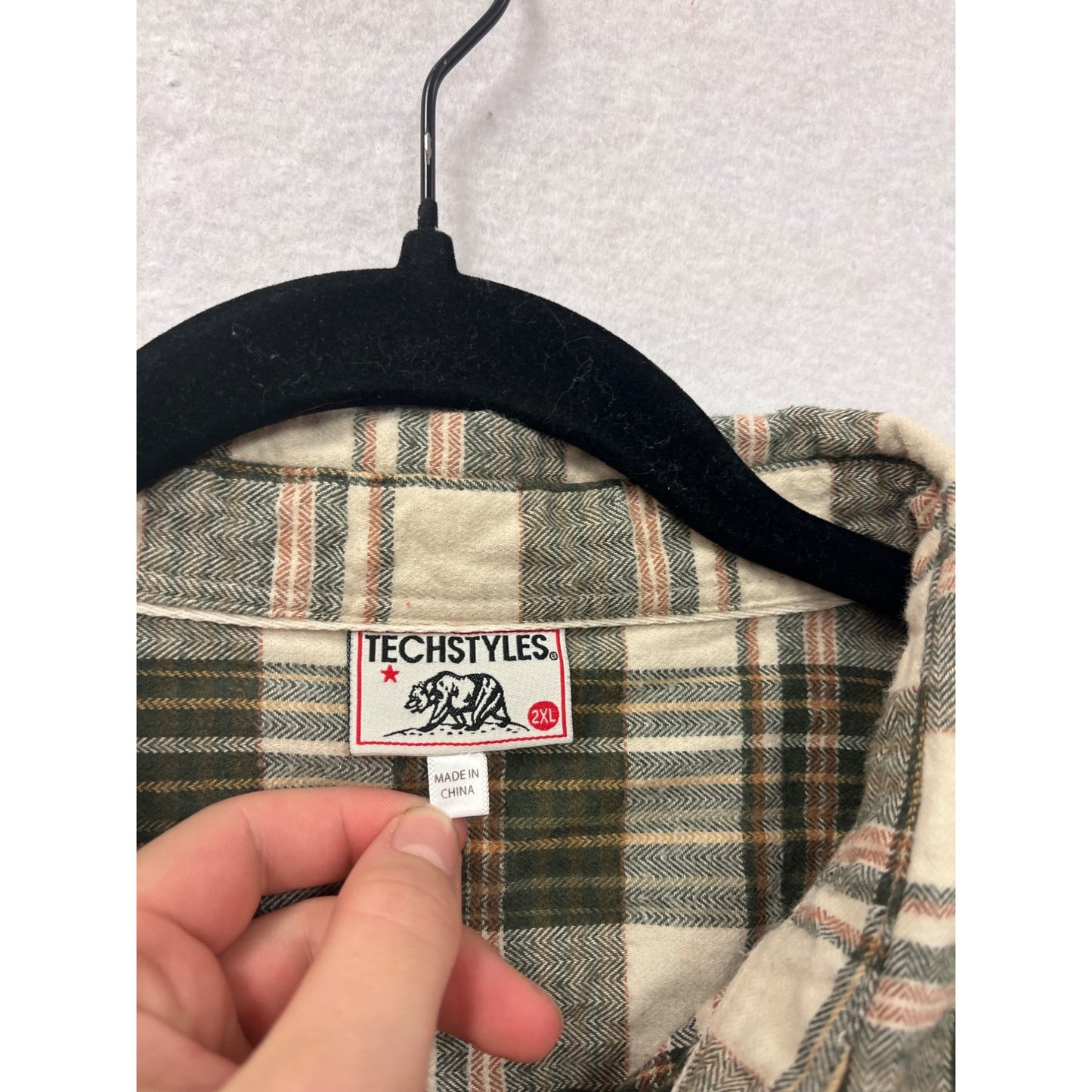 Techstyles Mens 2XL Plaid Button-Up Shirt Green & Beige #6962
