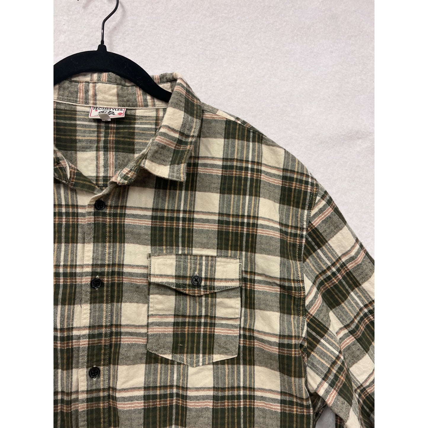 Techstyles Mens 2XL Plaid Button-Up Shirt Green & Beige #6962