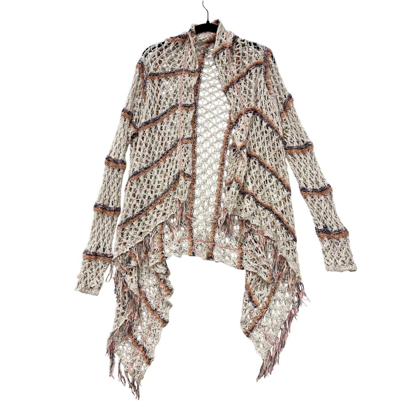 Womens Open Knit Fringe Cardigan By BKE Small Beige Striped Lightweight Sweater #18A
