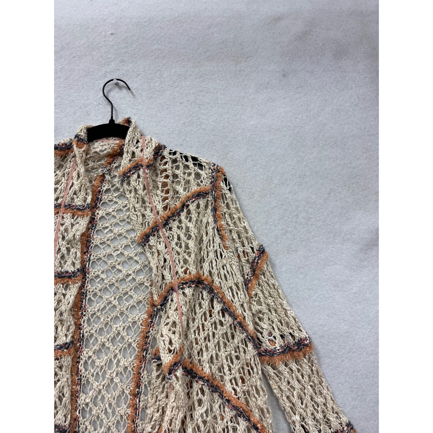 Womens Open Knit Fringe Cardigan By BKE Small Beige Striped Lightweight Sweater #18A