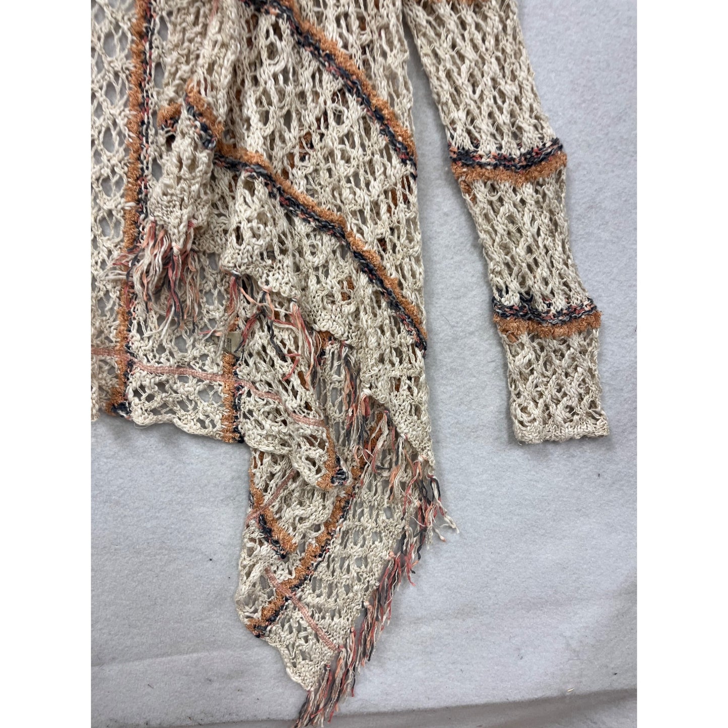Womens Open Knit Fringe Cardigan By BKE Small Beige Striped Lightweight Sweater #18A