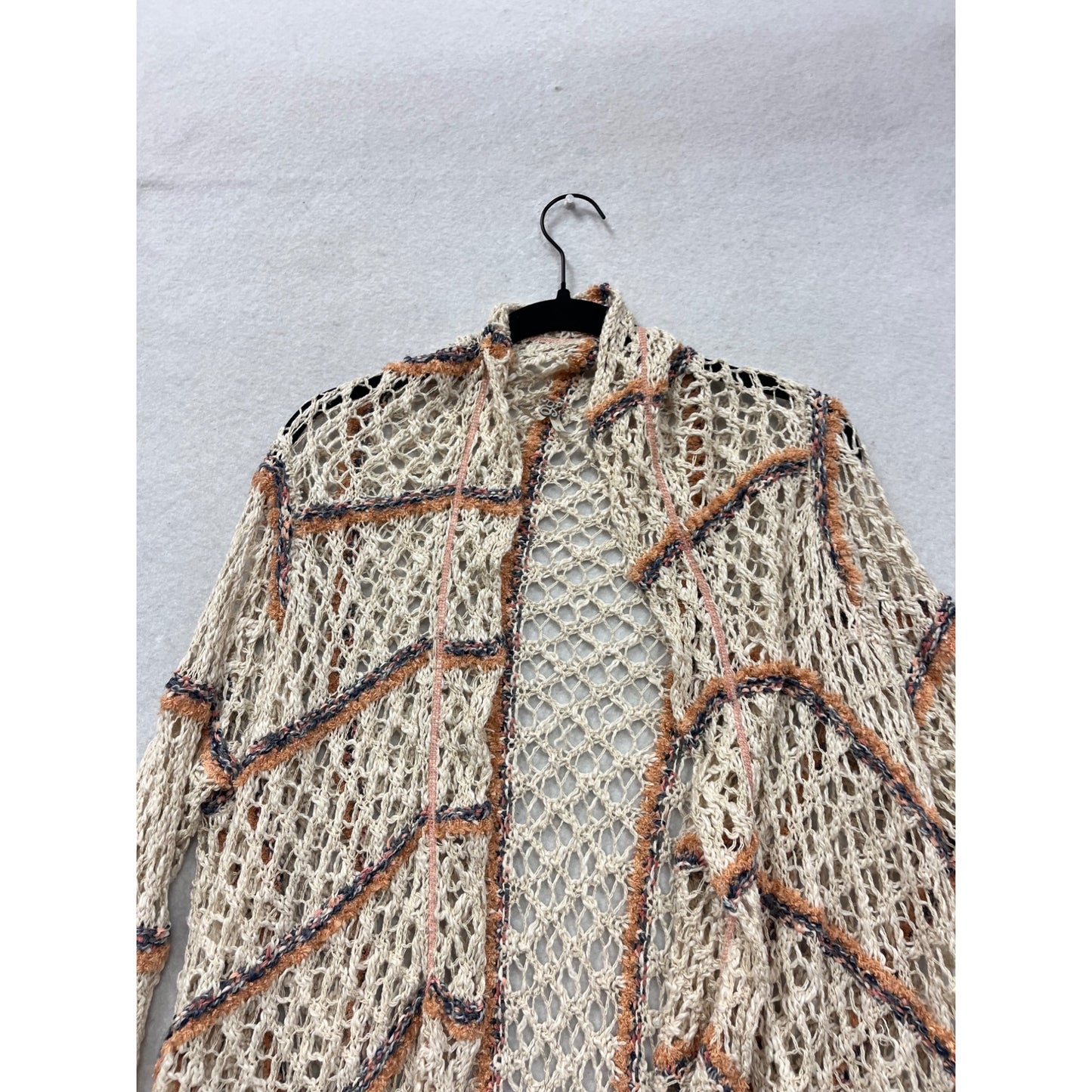 Womens Open Knit Fringe Cardigan By BKE Small Beige Striped Lightweight Sweater #18A