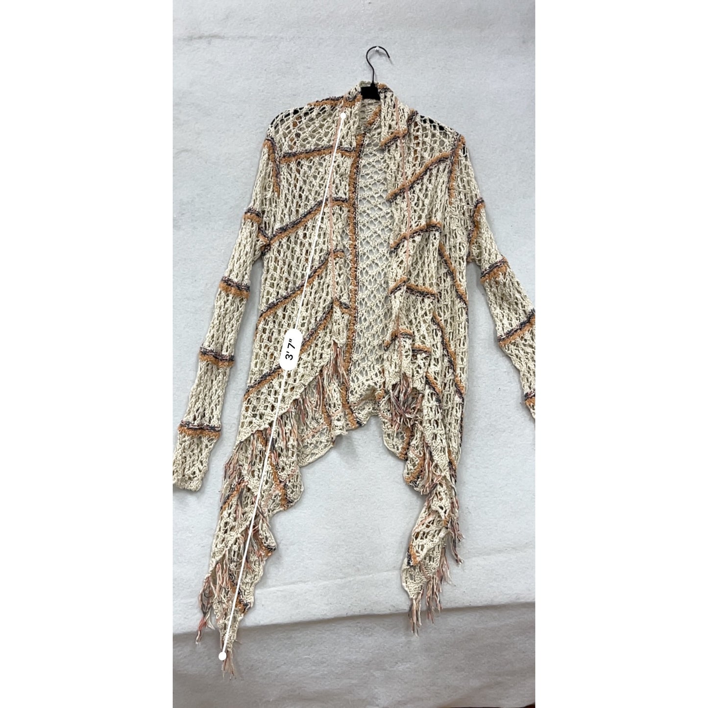 Womens Open Knit Fringe Cardigan By BKE Small Beige Striped Lightweight Sweater #18A