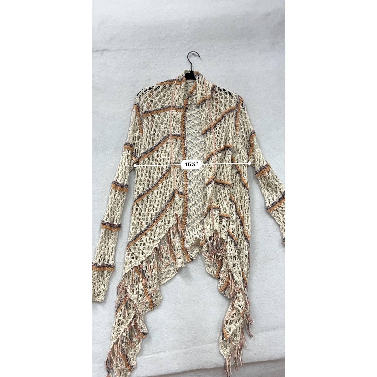 Womens Open Knit Fringe Cardigan By BKE Small Beige Striped Lightweight Sweater #18A