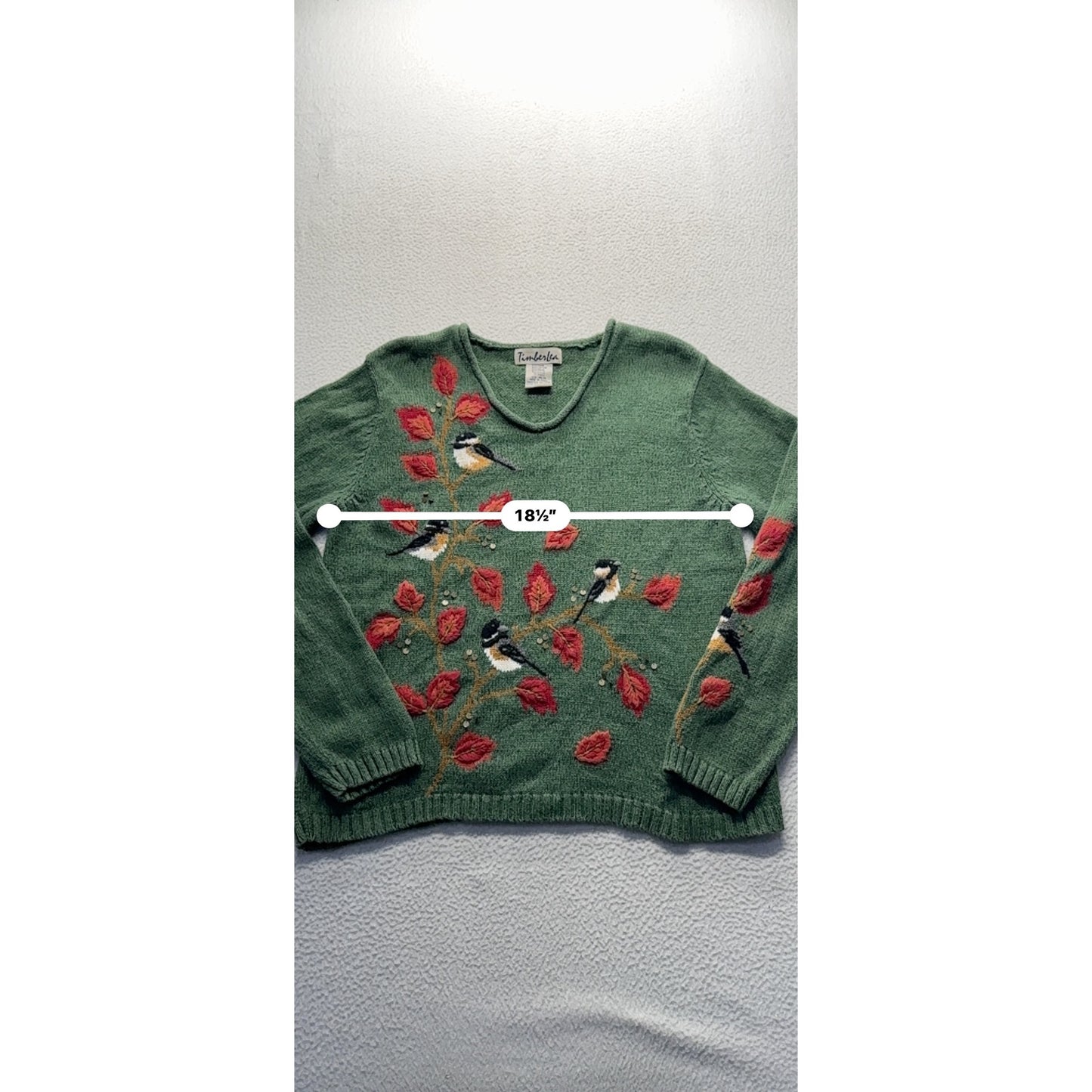 Timberlees Embroidered Botanical Bird Knit Sweater Green Ramie Cotton M #9589