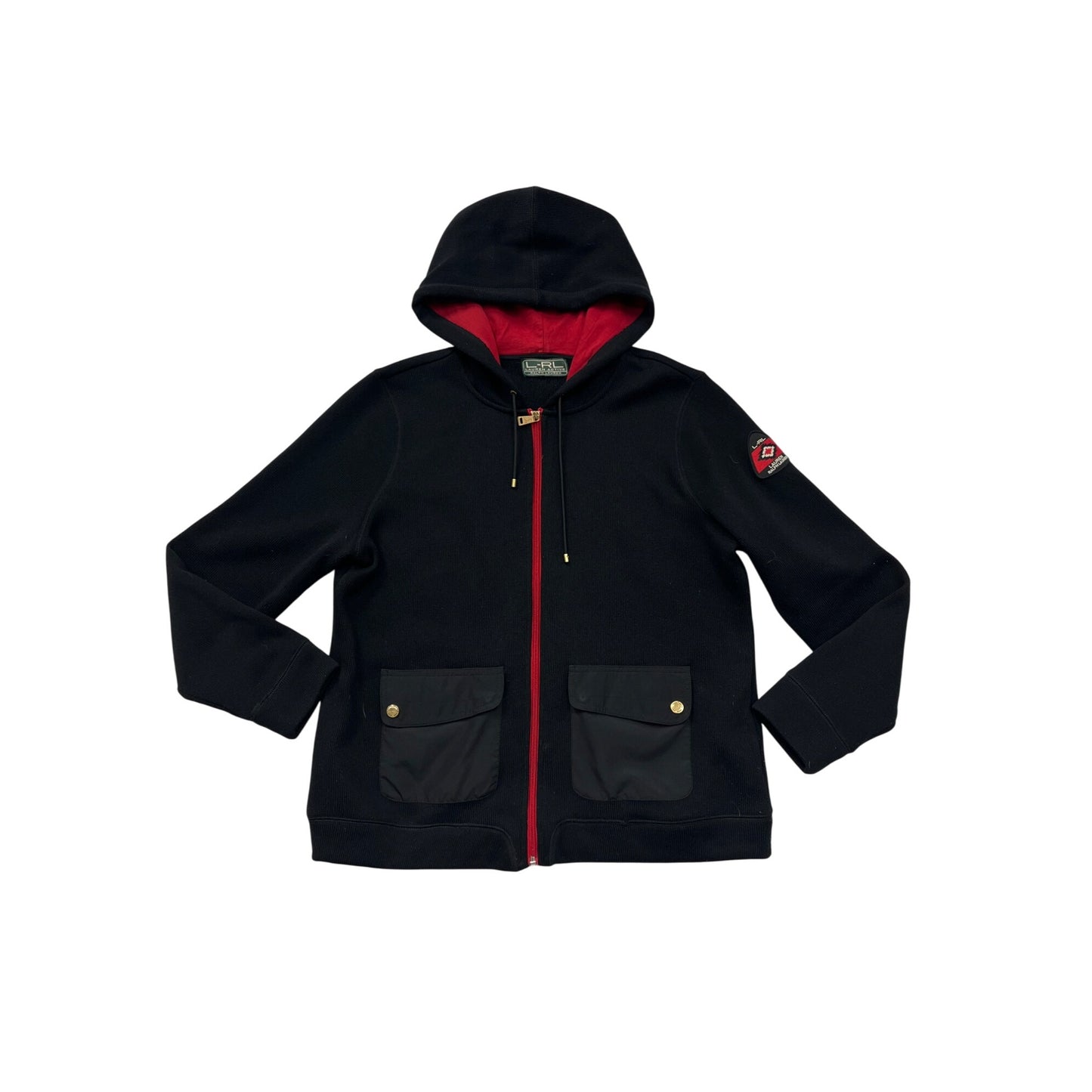 Lauren Ralph Lauren Womens Black & Red Hooded Zip-Up Jacket With Pockets #6182